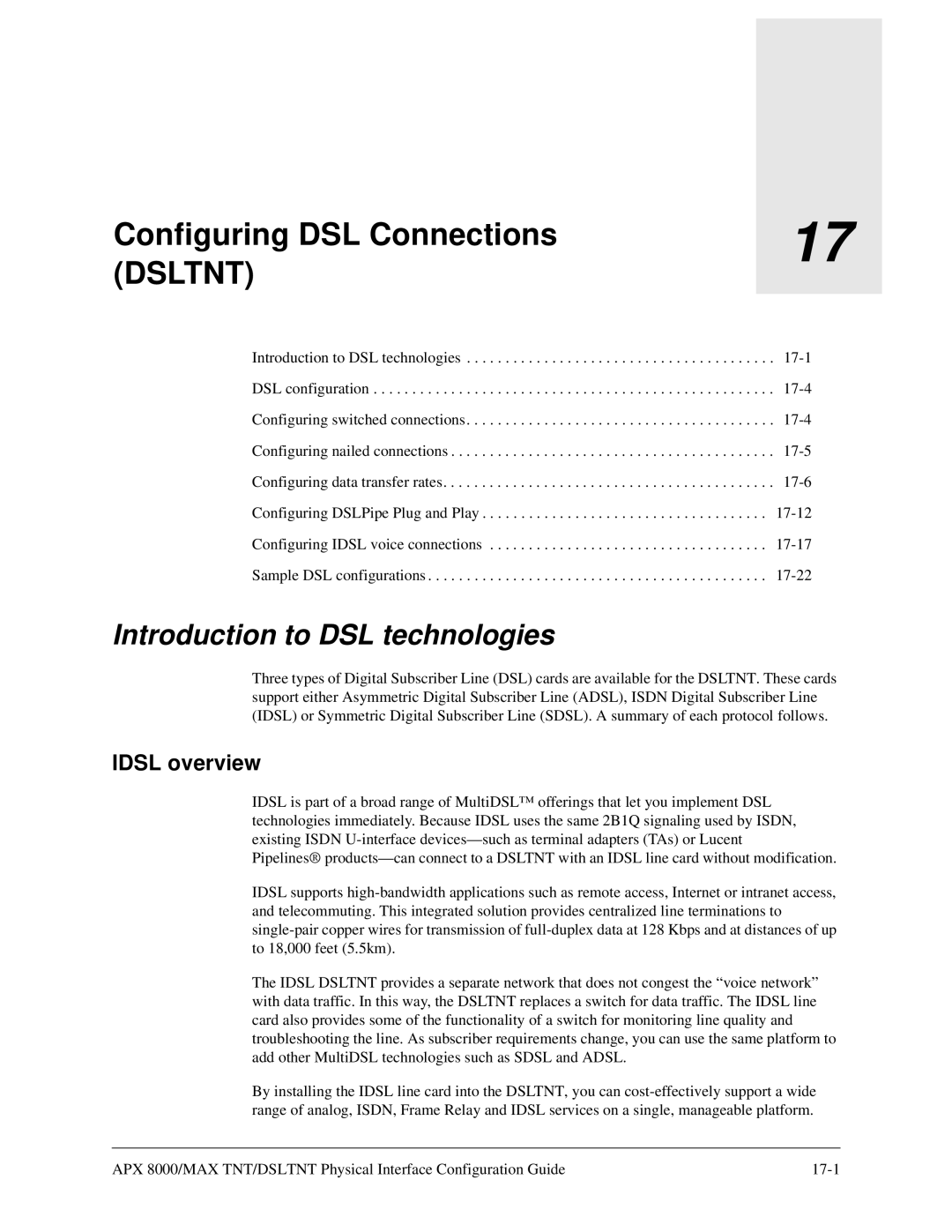 Lucent Technologies 7820-0802-003 manual Configuring DSL Connections, Introduction to DSL technologies, Idsl overview 