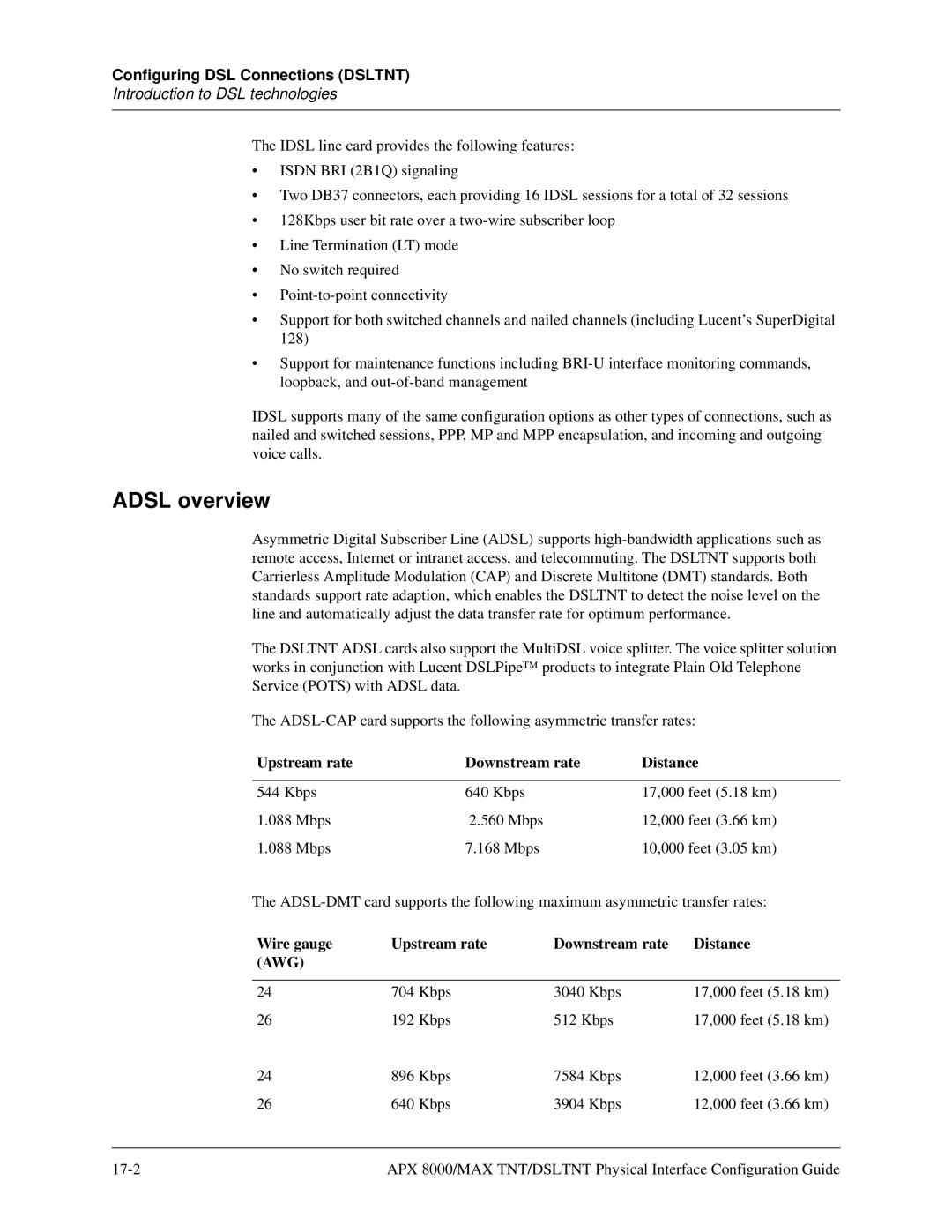 Lucent Technologies 7820-0802-003 Adsl overview, Introduction to DSL technologies, Upstream rate Downstream rate Distance 