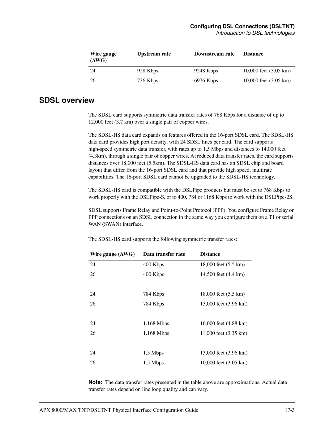 Lucent Technologies 7820-0802-003 manual Sdsl overview, Wire gauge AWG Data transfer rate Distance 