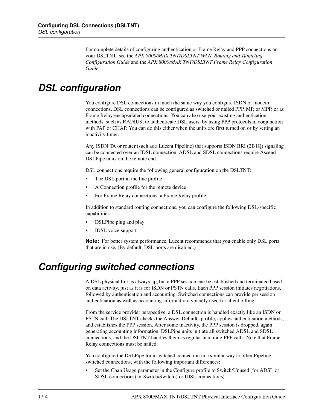 Lucent Technologies 7820-0802-003 manual DSL configuration, Configuring switched connections 