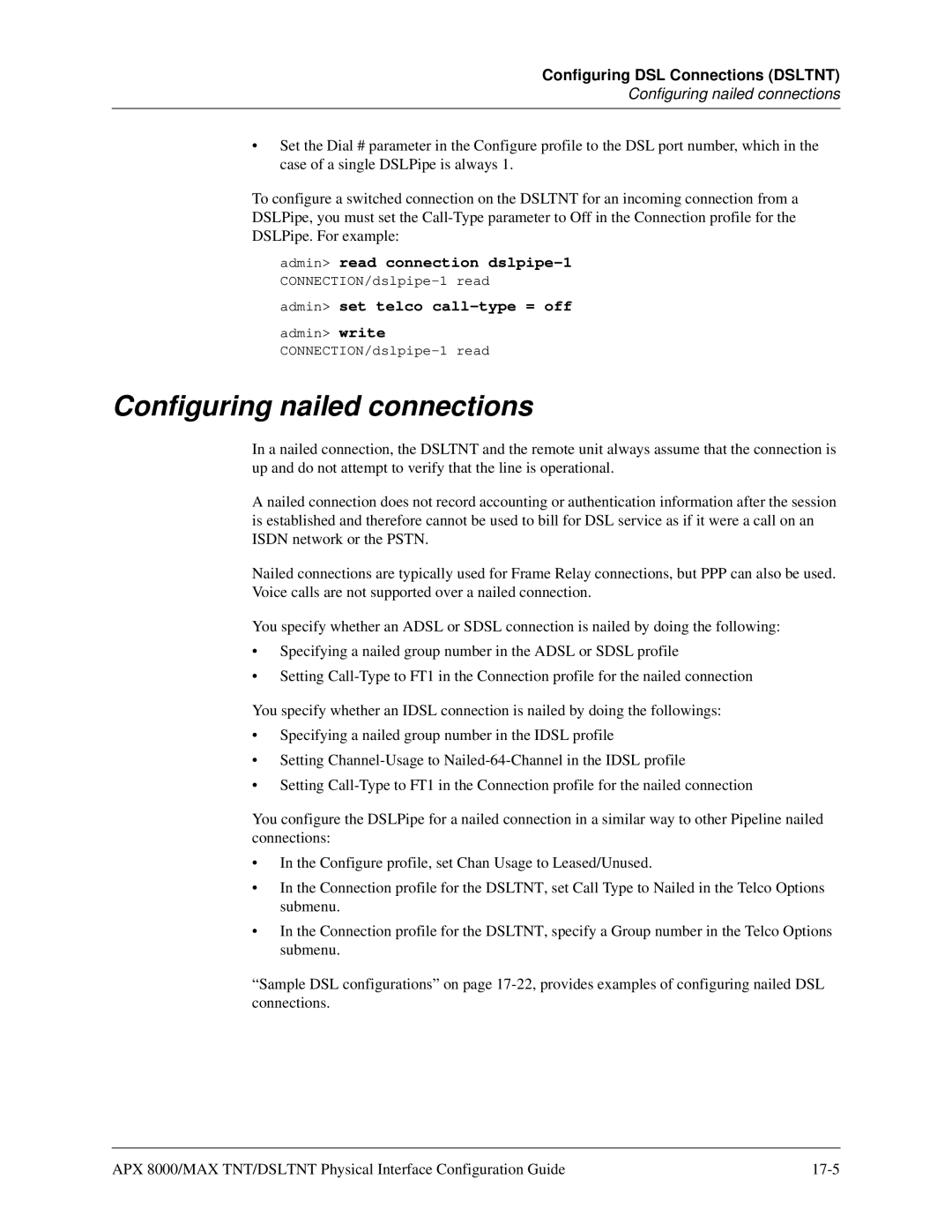 Lucent Technologies 7820-0802-003 manual Configuring nailed connections, Admin read connection dslpipe-1 