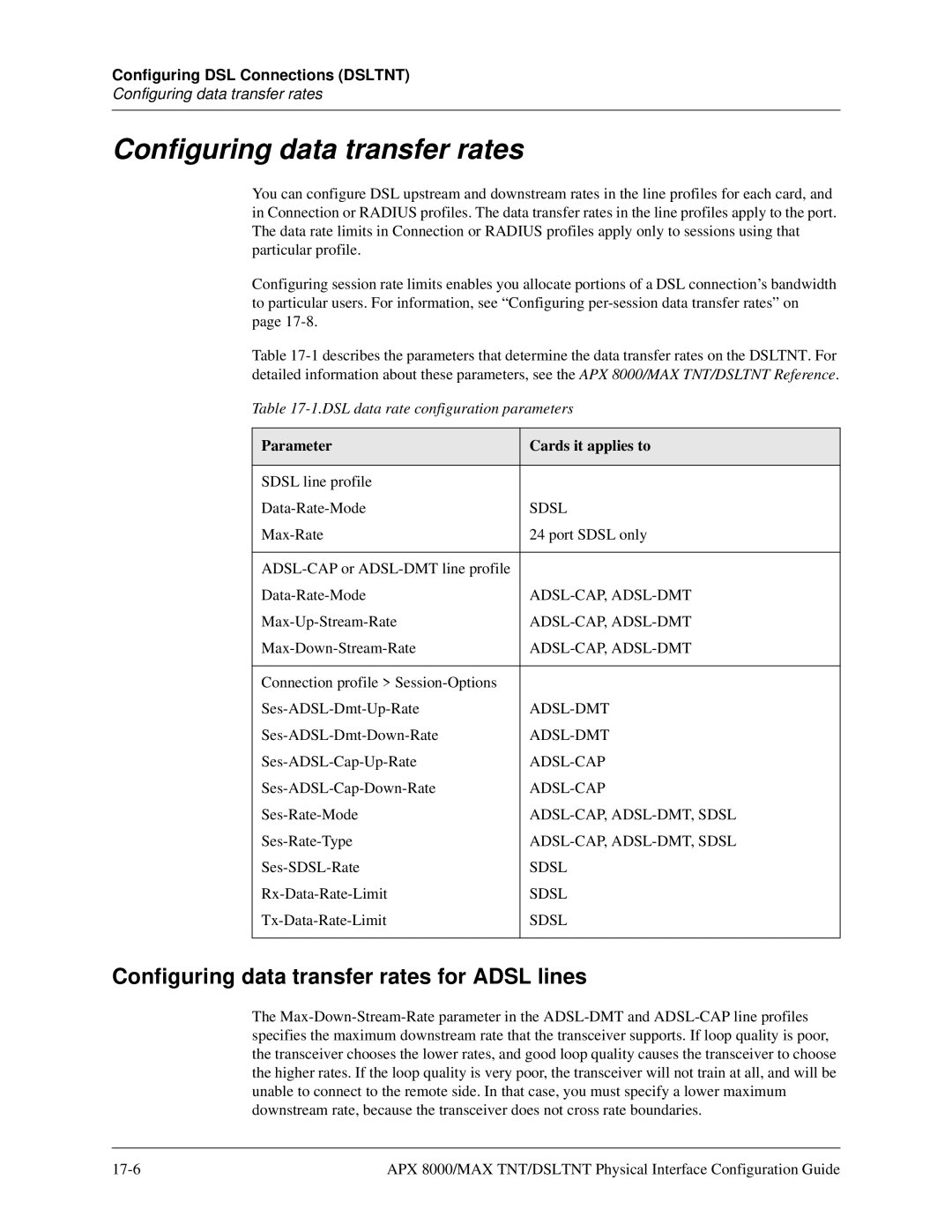 Lucent Technologies 7820-0802-003 manual Configuring data transfer rates for Adsl lines, Parameter Cards it applies to 