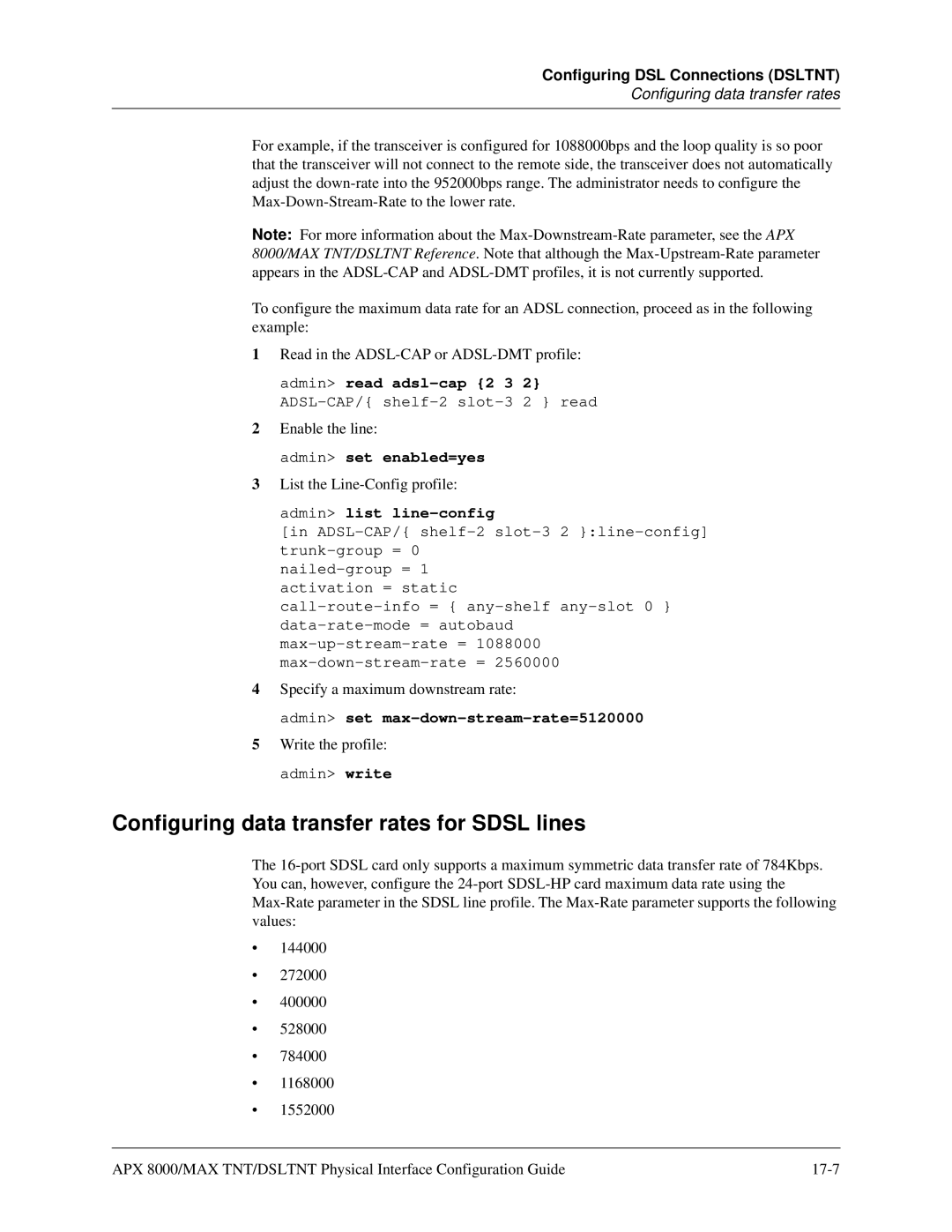 Lucent Technologies 7820-0802-003 manual Configuring data transfer rates for Sdsl lines, Admin set enabled=yes 