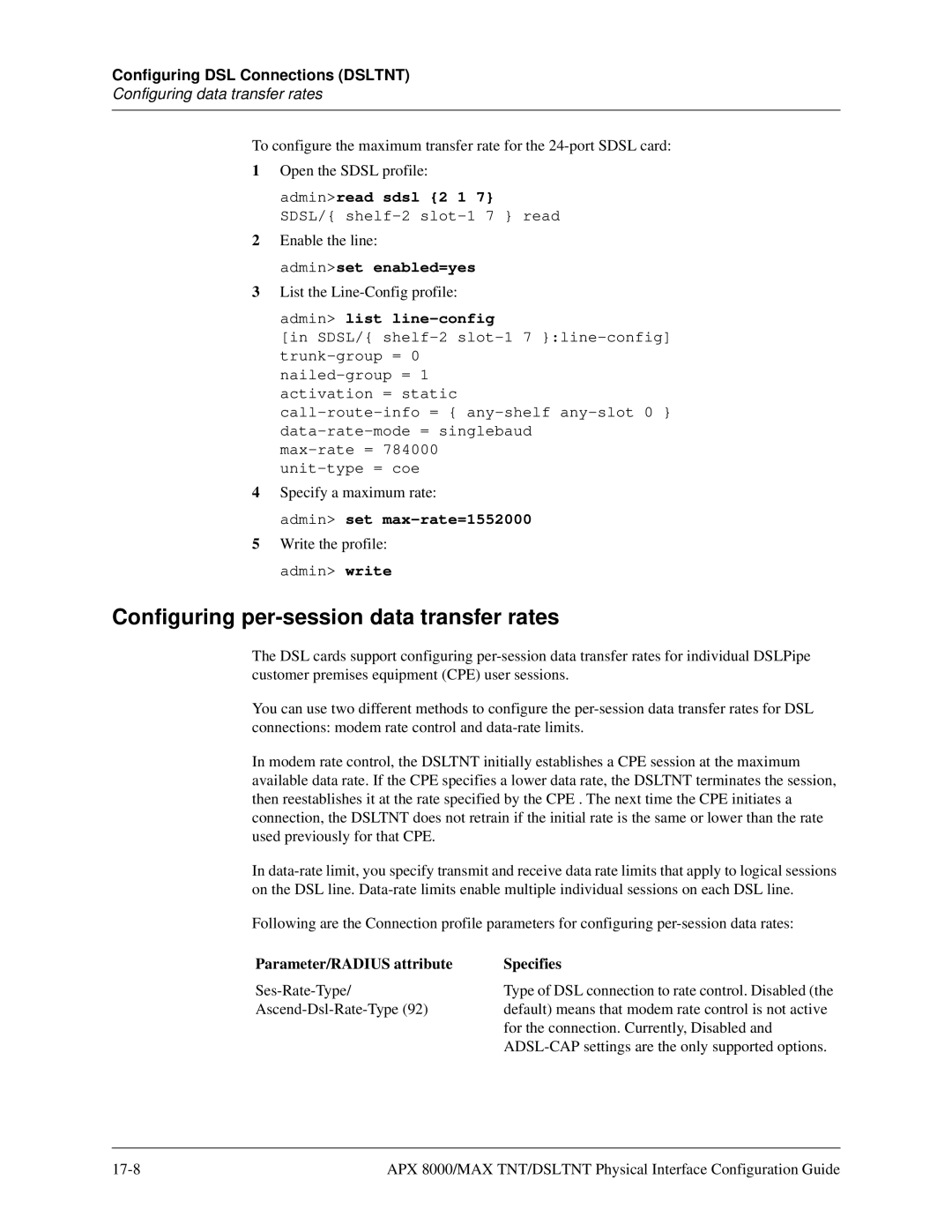 Lucent Technologies 7820-0802-003 Configuring per-session data transfer rates, Adminread sdsl 2 1, Adminset enabled=yes 