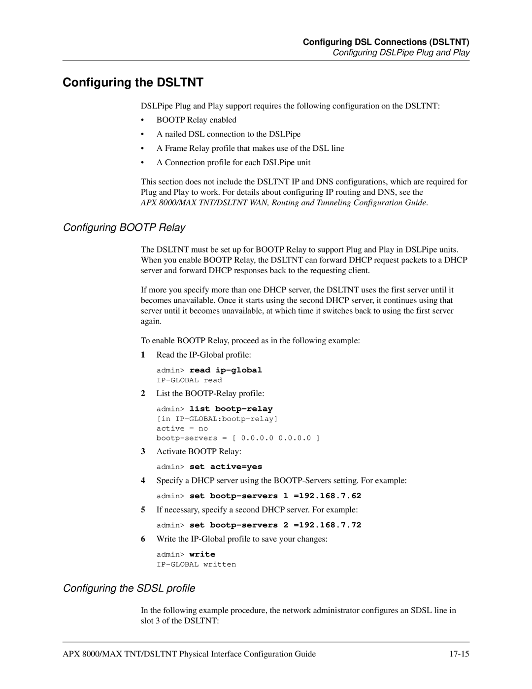 Lucent Technologies 7820-0802-003 manual Configuring the Dsltnt, Configuring Bootp Relay, Configuring the Sdsl profile 