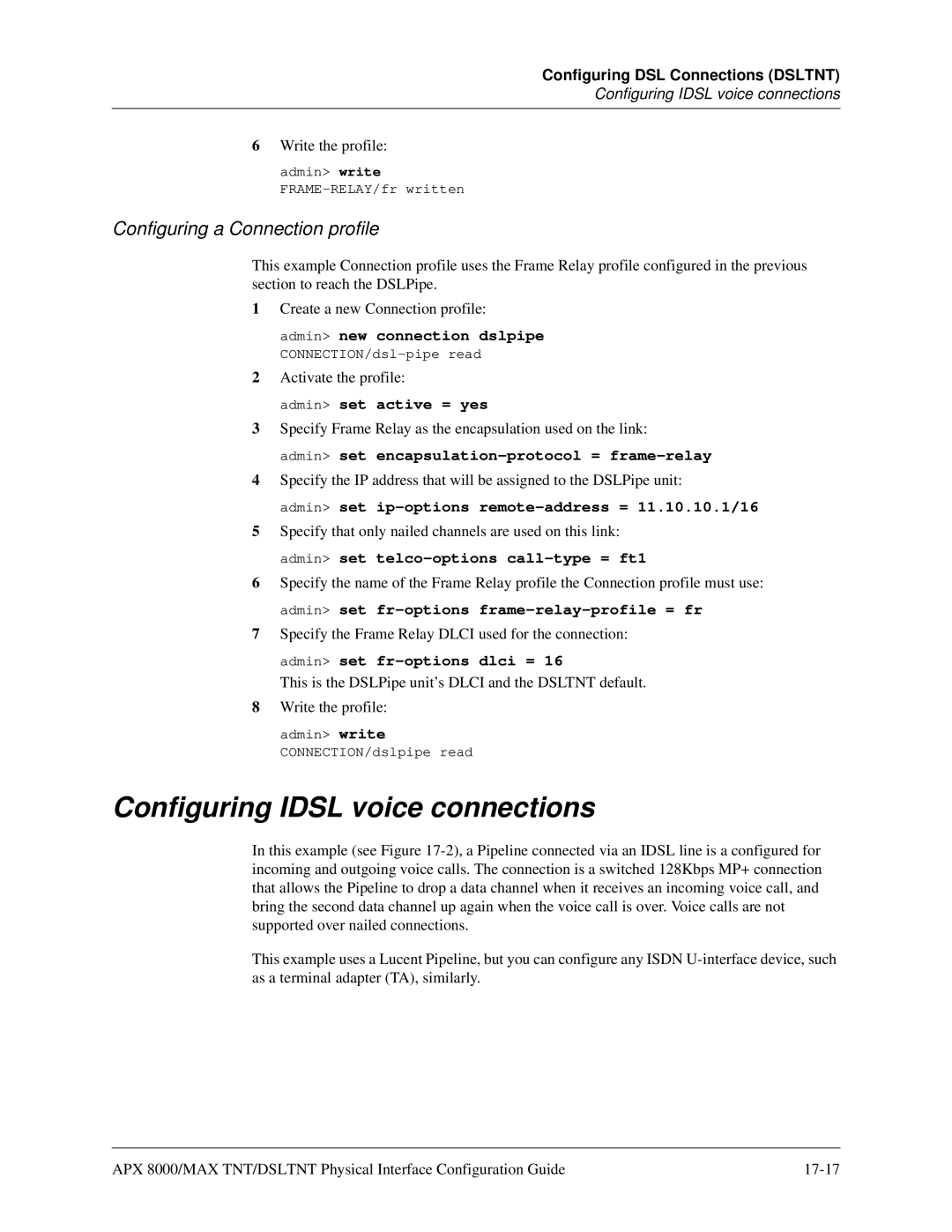 Lucent Technologies 7820-0802-003 manual Configuring Idsl voice connections, Configuring a Connection profile 