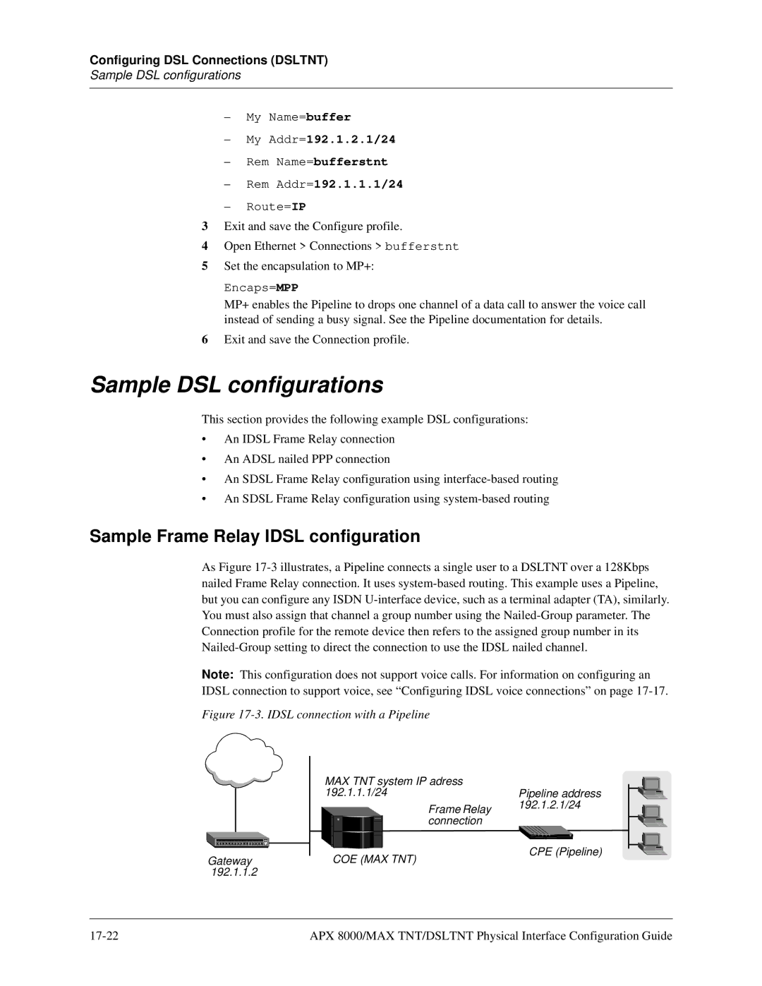 Lucent Technologies 7820-0802-003 manual Sample DSL configurations, Sample Frame Relay Idsl configuration 