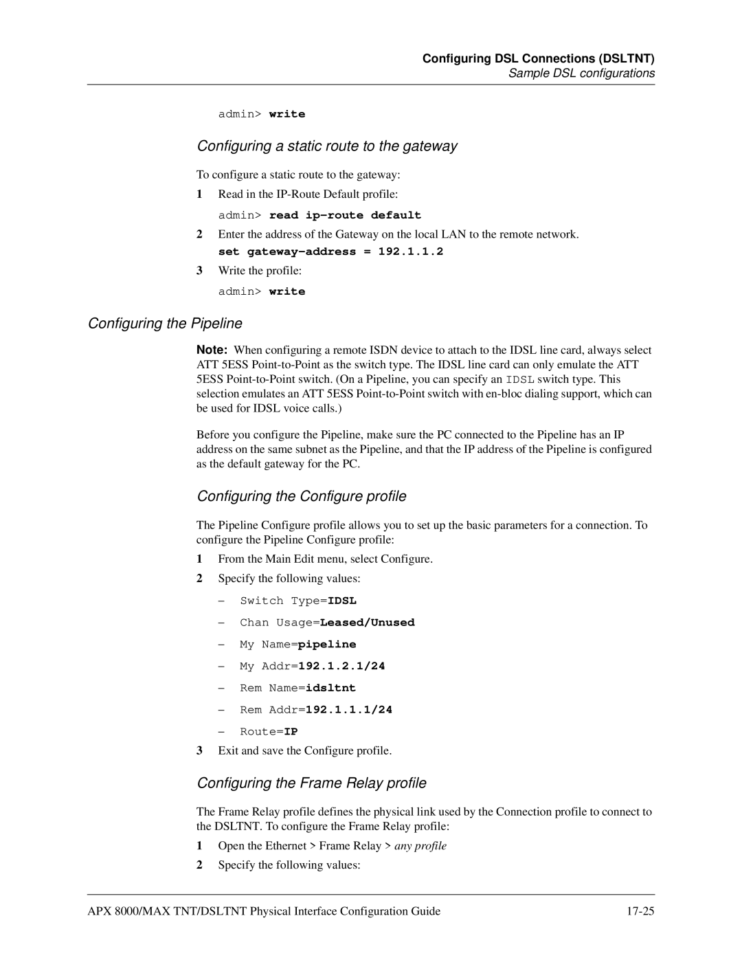 Lucent Technologies 7820-0802-003 manual Configuring a static route to the gateway, Configuring the Pipeline 