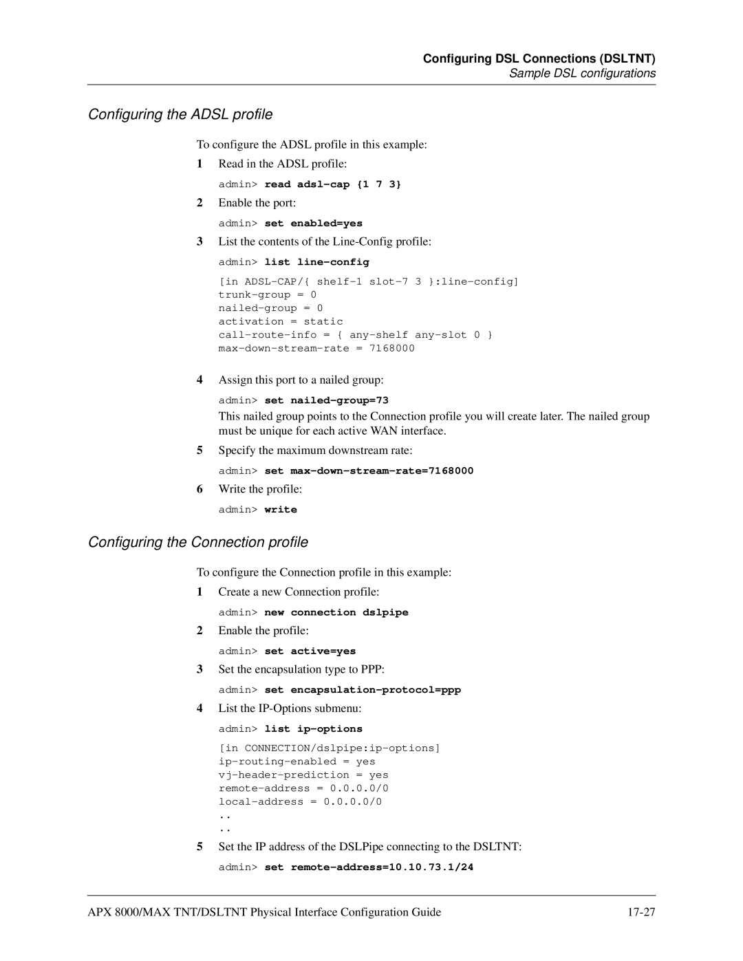 Lucent Technologies 7820-0802-003 manual Configuring the Adsl profile, List the IP-Options submenu admin list ip-options 