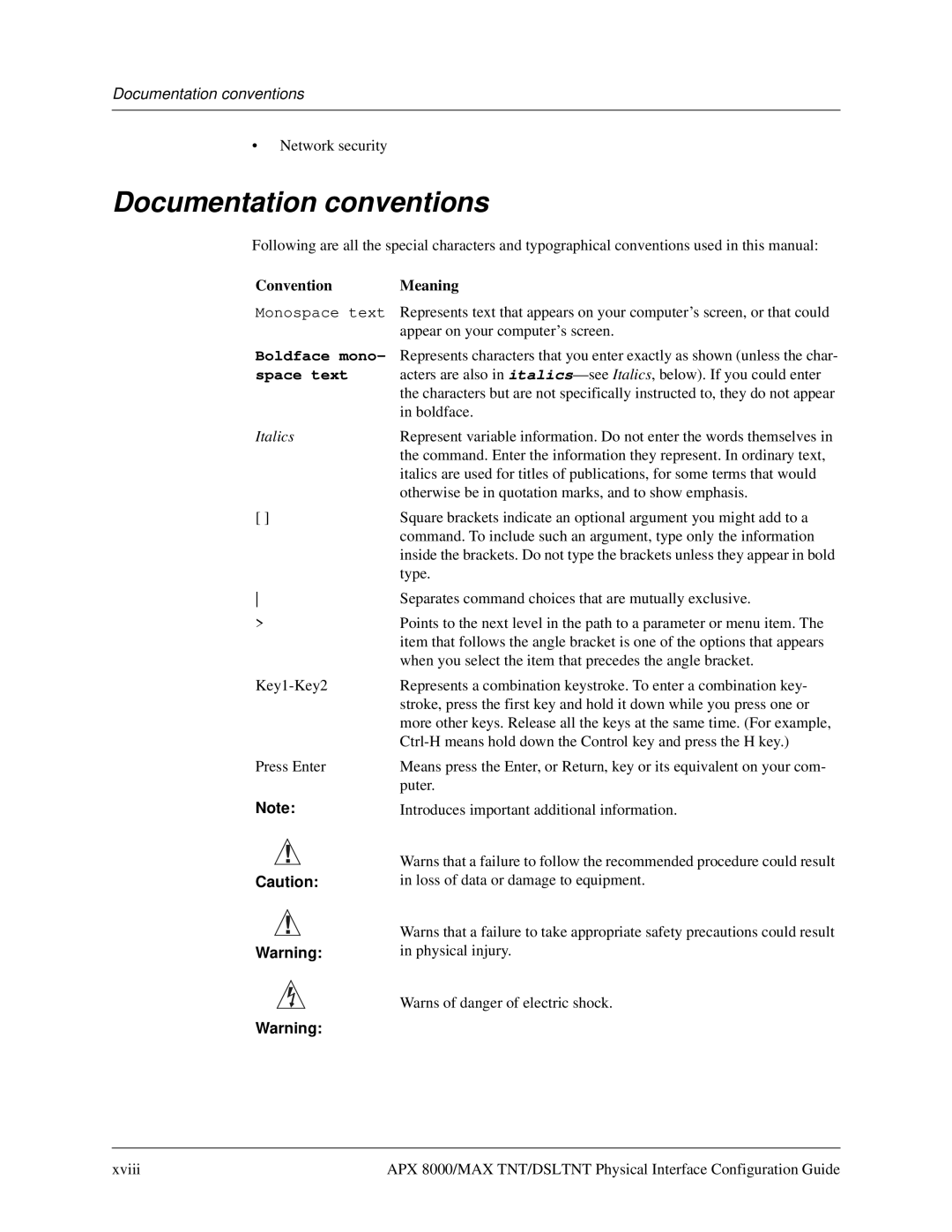 Lucent Technologies 7820-0802-003 manual Documentation conventions, Convention Meaning, Boldface mono, Space text 