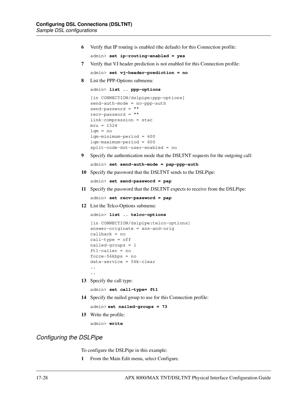 Lucent Technologies 7820-0802-003 manual Configuring the DSLPipe 