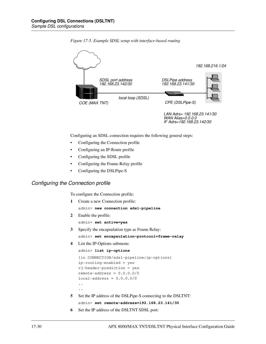 Lucent Technologies 7820-0802-003 manual Example Sdsl setup with interface-based routing 