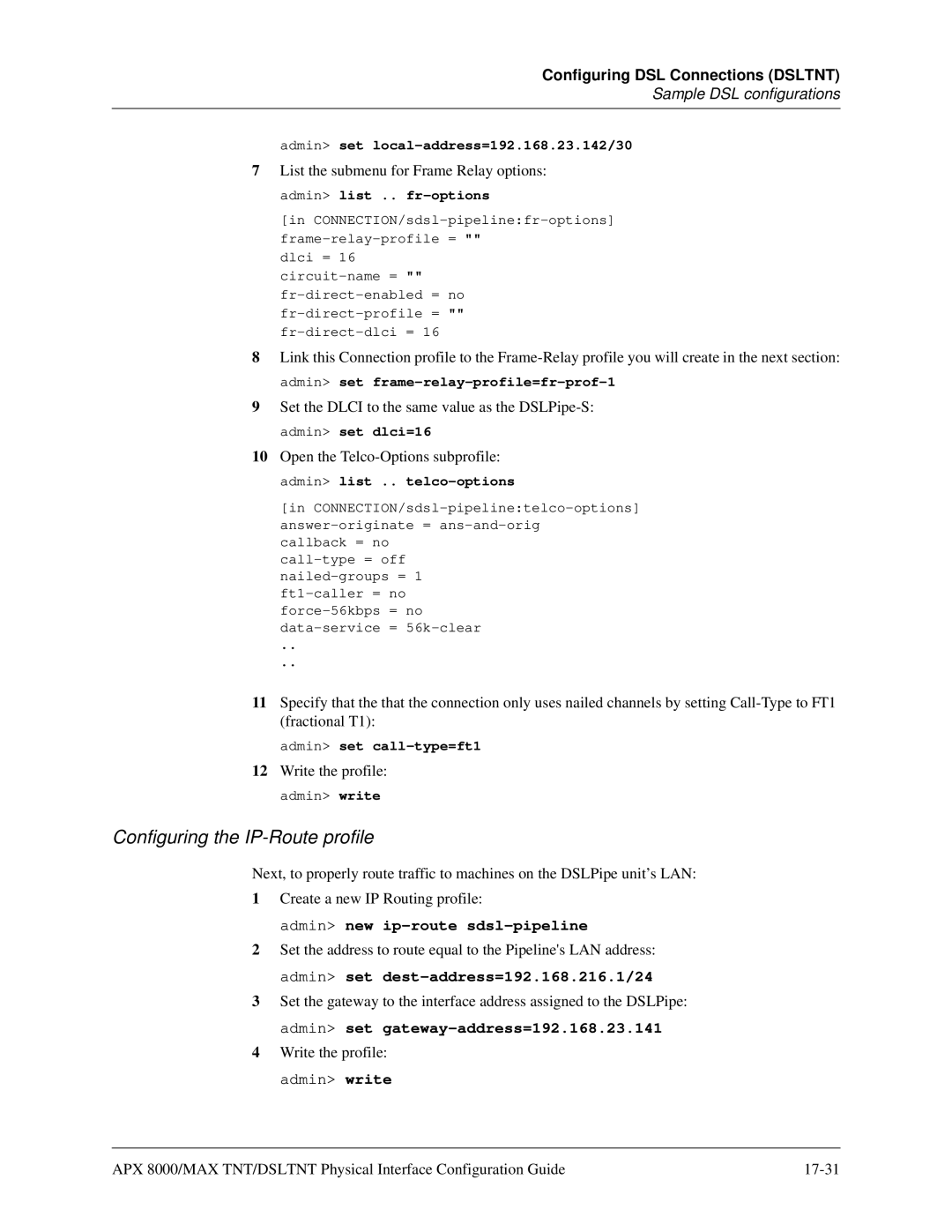 Lucent Technologies 7820-0802-003 manual Configuring the IP-Route profile, Admin new ip-route sdsl-pipeline 