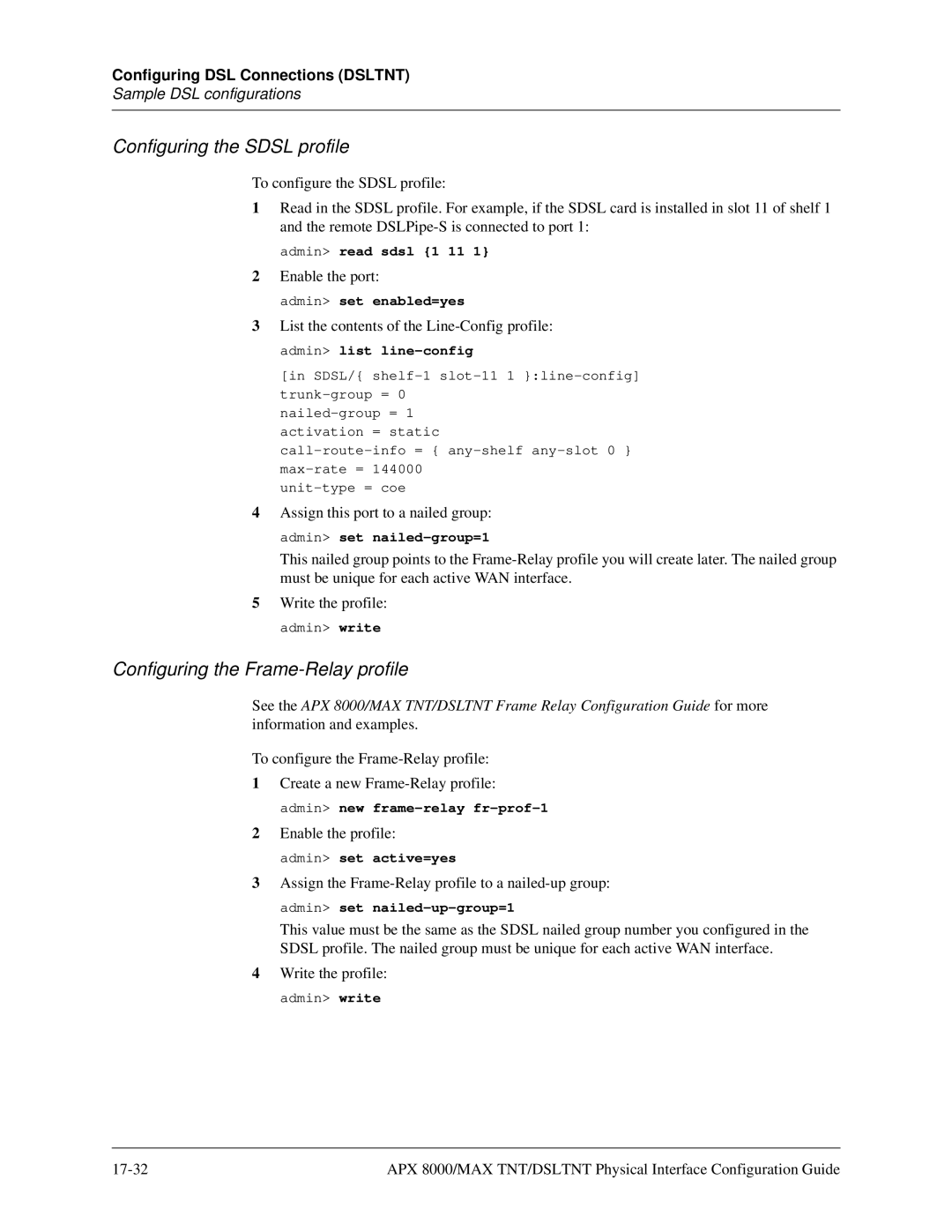 Lucent Technologies 7820-0802-003 manual Configuring the Sdsl profile, Configuring the Frame-Relay profile 