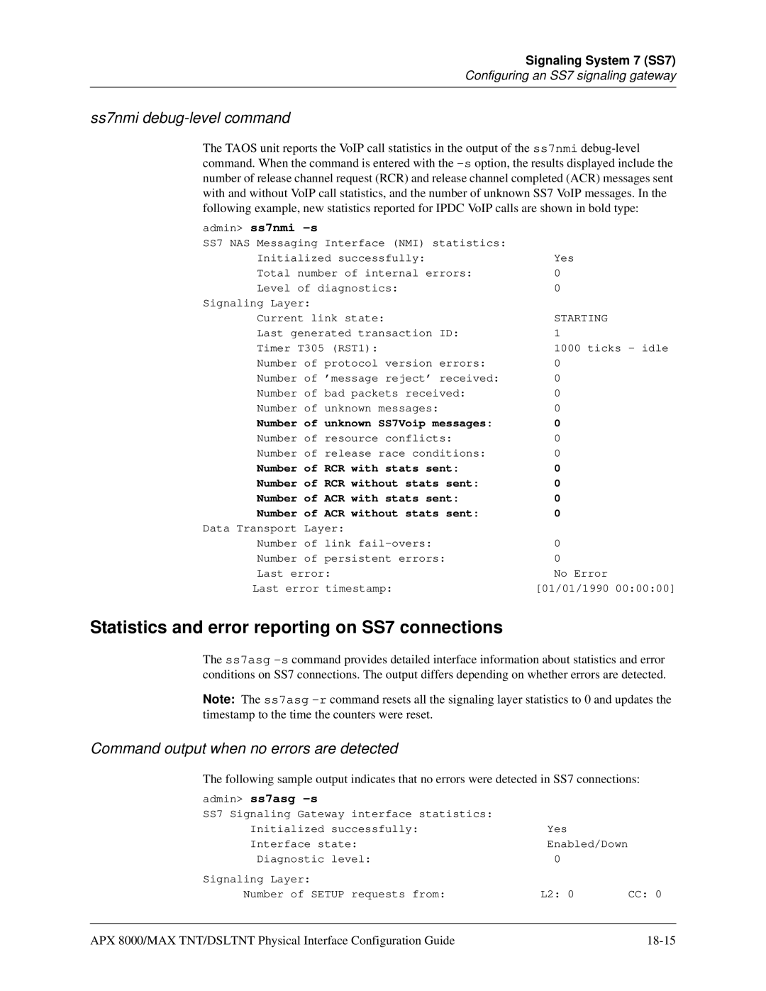 Lucent Technologies 7820-0802-003 manual Statistics and error reporting on SS7 connections, Ss7nmi debug-level command 