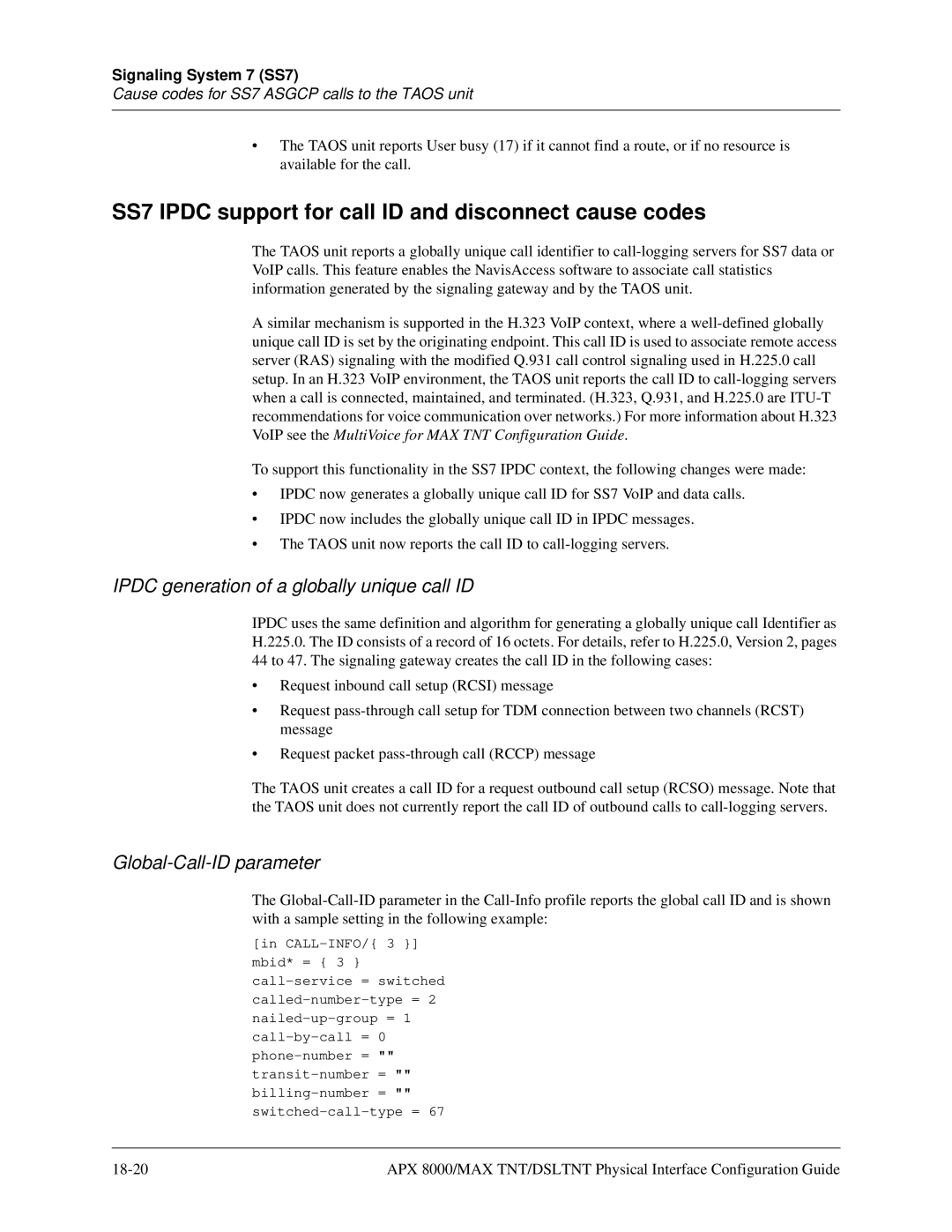 Lucent Technologies 7820-0802-003 manual SS7 Ipdc support for call ID and disconnect cause codes, Global-Call-ID parameter 