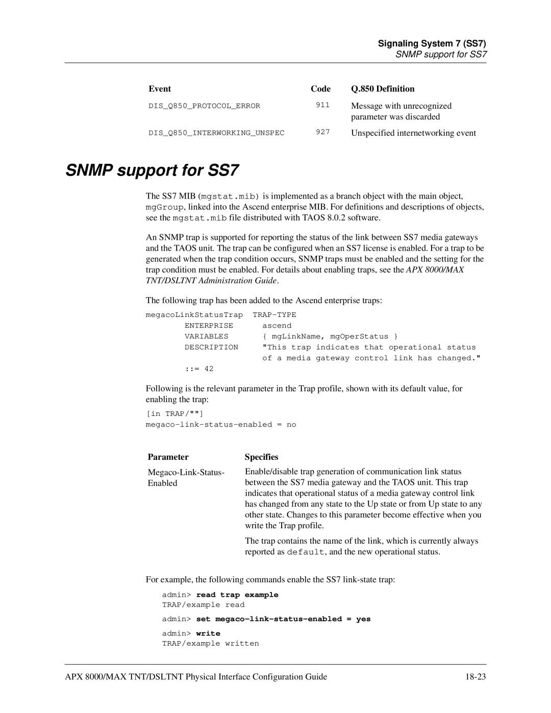 Lucent Technologies 7820-0802-003 manual Snmp support for SS7, Event Code Definition 