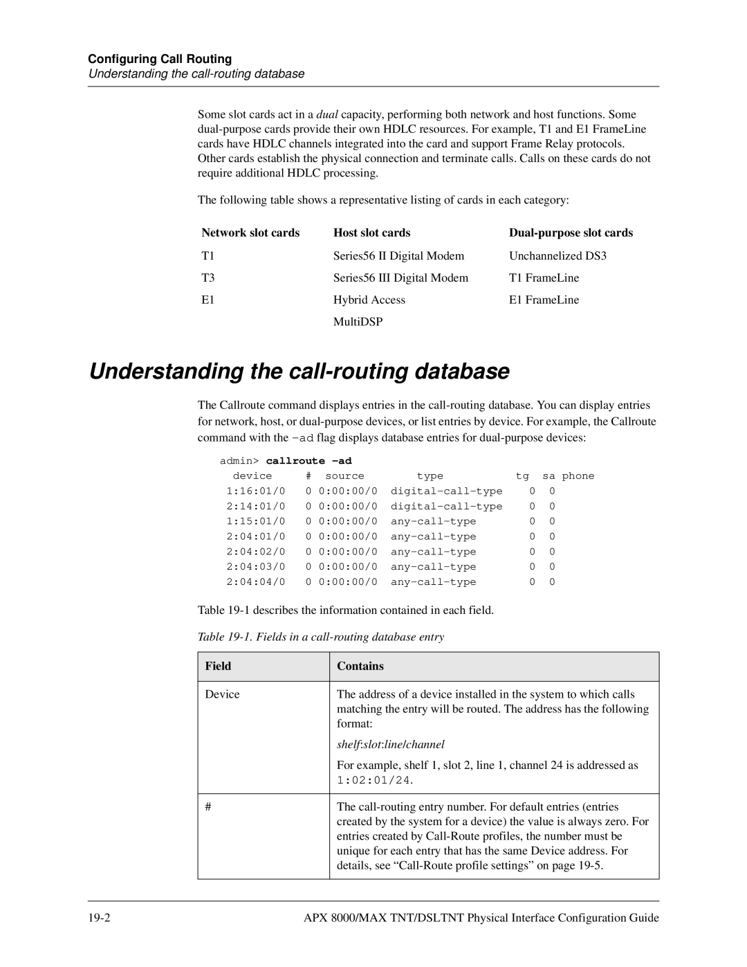 Lucent Technologies 7820-0802-003 manual Understanding the call-routing database, Field Contains 