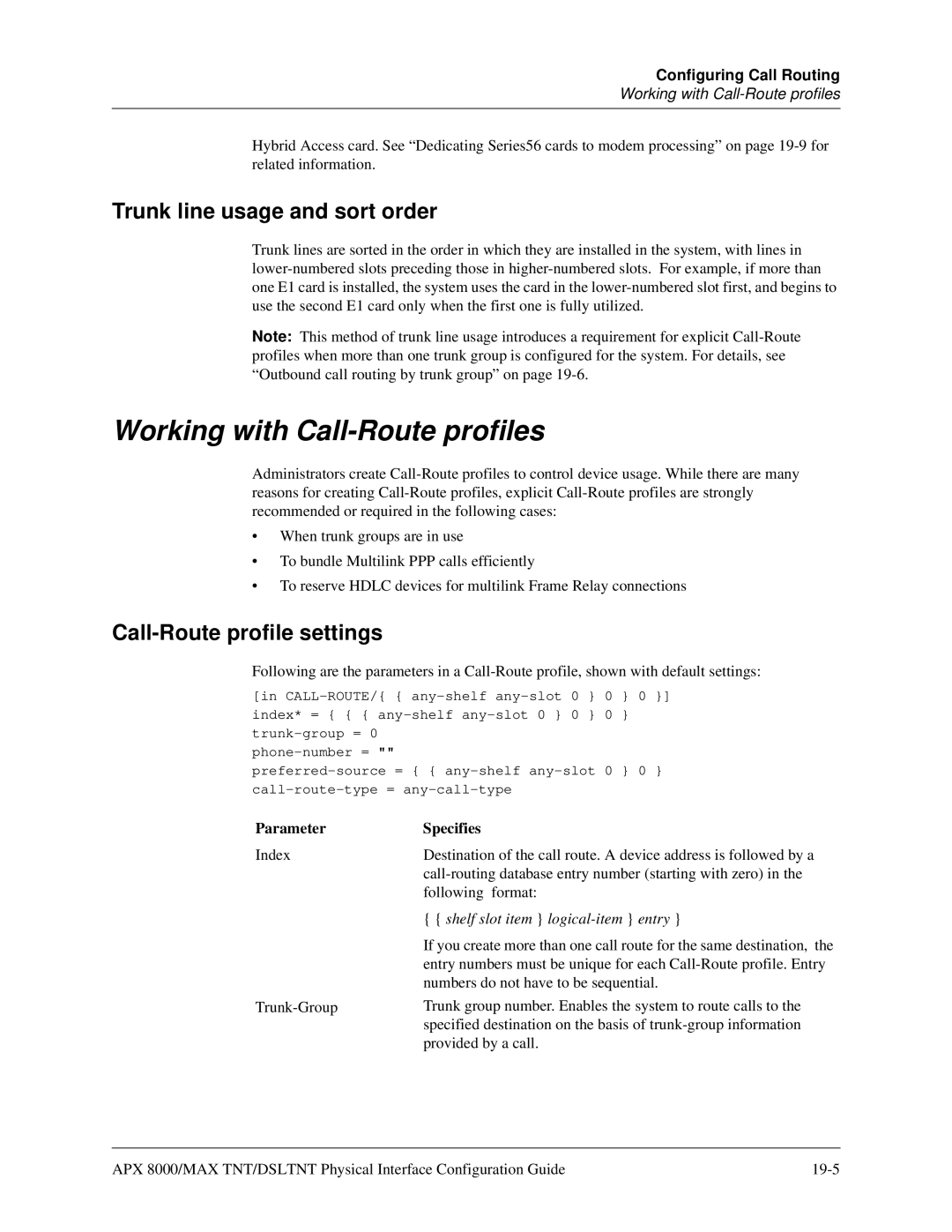 Lucent Technologies 7820-0802-003 Working with Call-Route profiles, Trunk line usage and sort order, ParameterSpecifies 