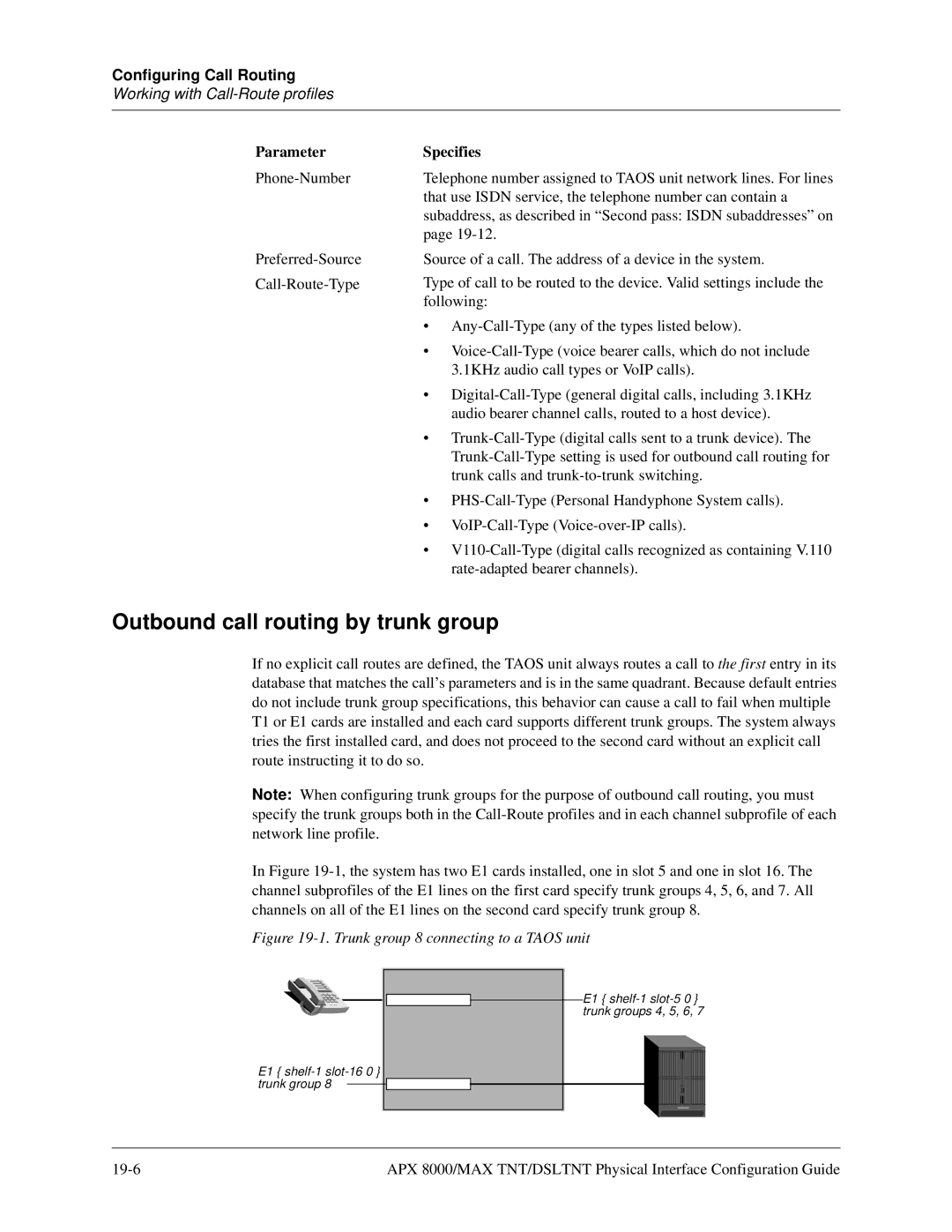 Lucent Technologies 7820-0802-003 manual Outbound call routing by trunk group, Trunk group 8 connecting to a Taos unit 