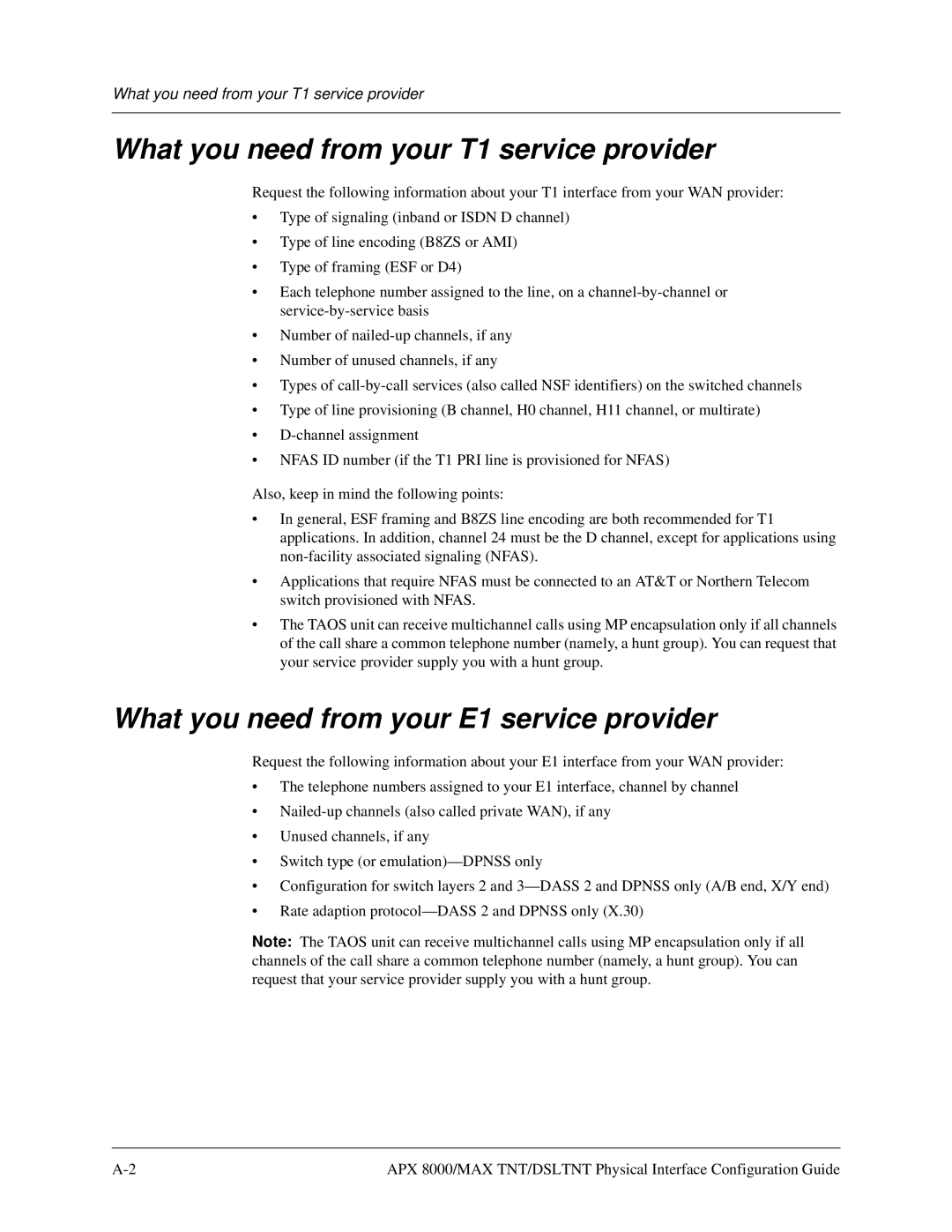 Lucent Technologies 7820-0802-003 What you need from your T1 service provider, What you need from your E1 service provider 