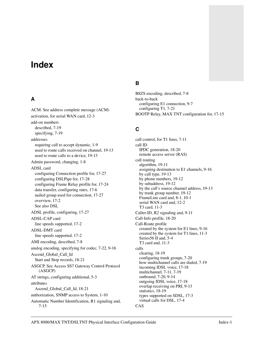 Lucent Technologies 7820-0802-003 manual Index, Cas 