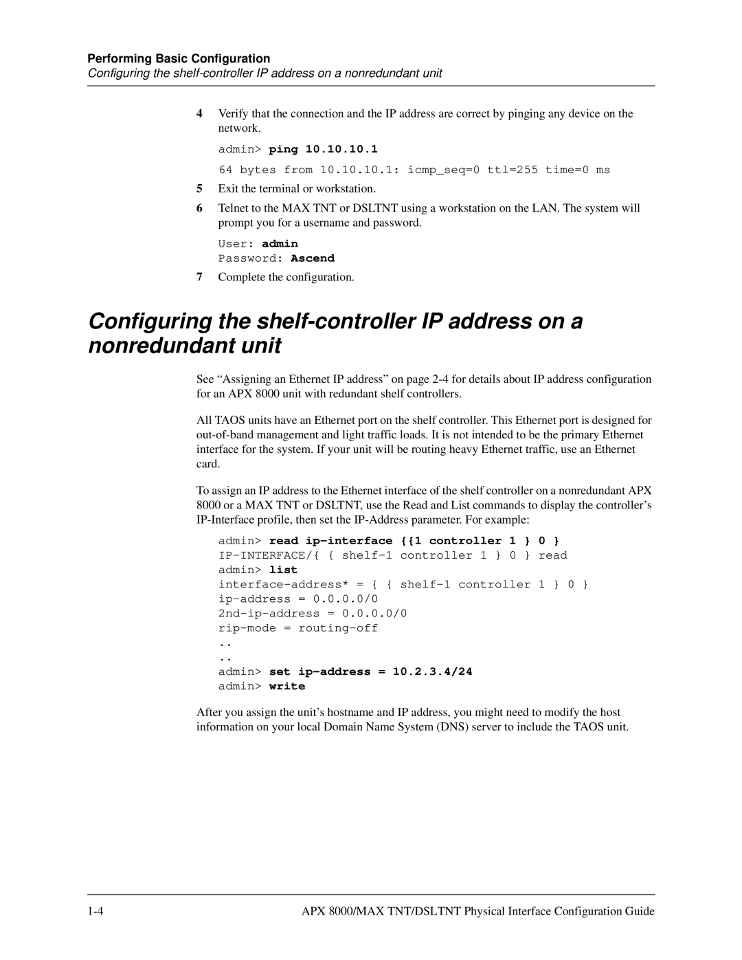 Lucent Technologies 7820-0802-003 manual Admin ping, Admin set ip-address = 10.2.3.4/24 admin write 