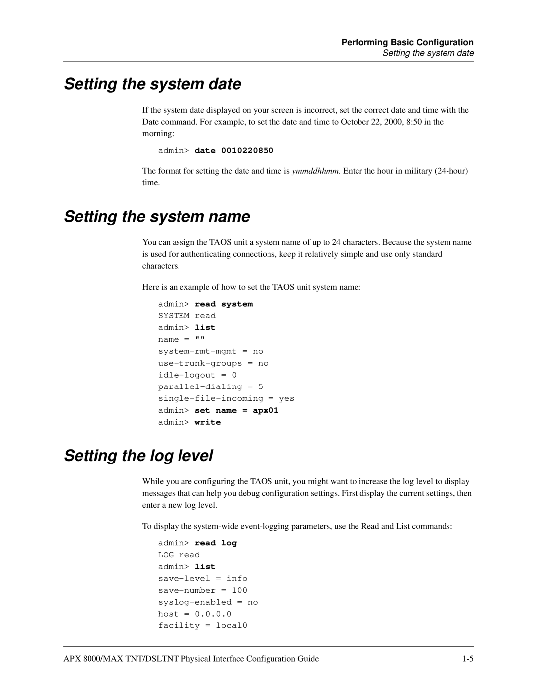 Lucent Technologies 7820-0802-003 Setting the system date, Setting the system name, Setting the log level, Admin date 