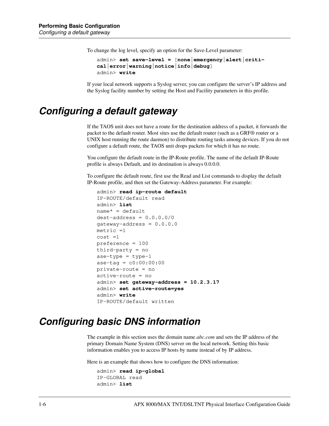 Lucent Technologies 7820-0802-003 Configuring a default gateway, Configuring basic DNS information, Admin read ip-global 