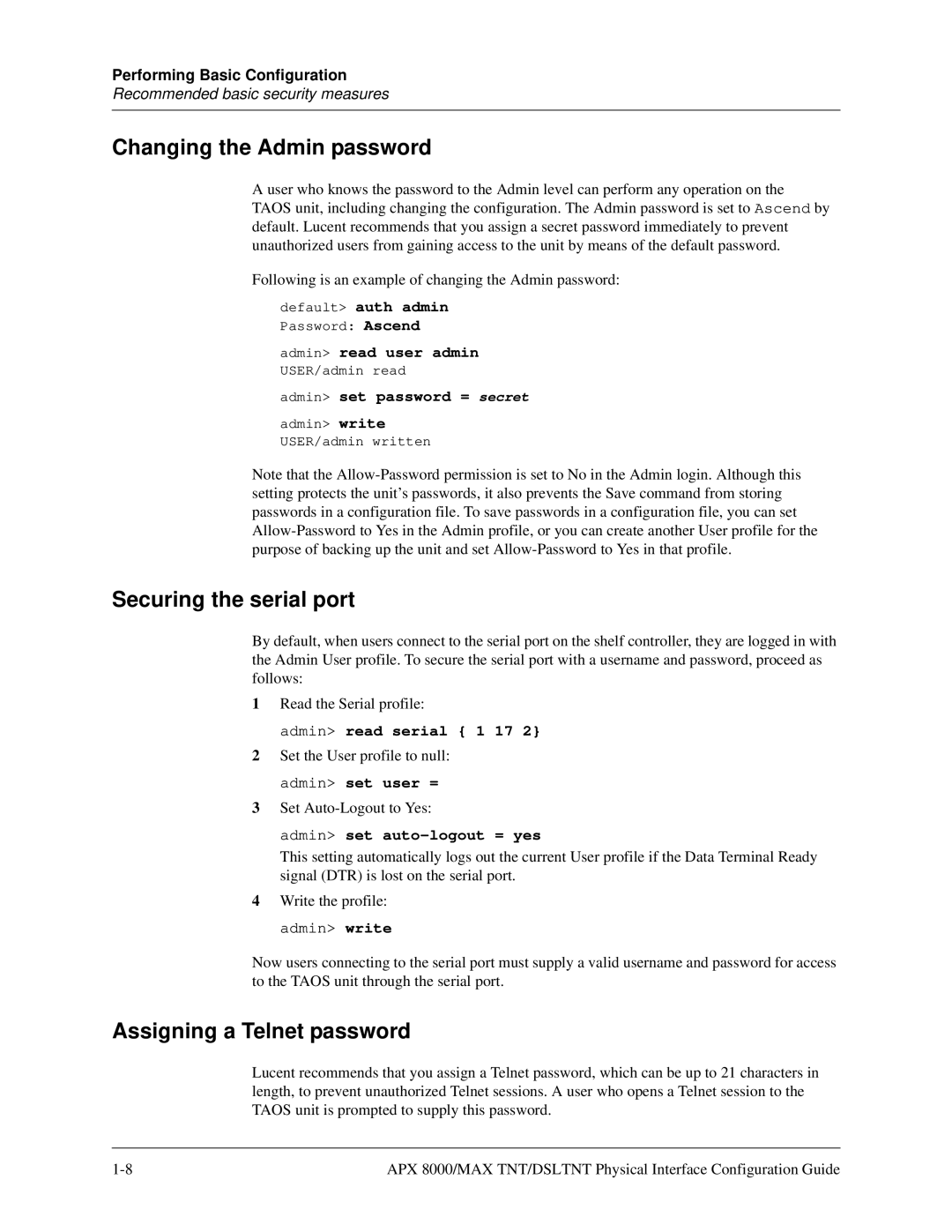 Lucent Technologies 7820-0802-003 manual Changing the Admin password, Securing the serial port, Assigning a Telnet password 