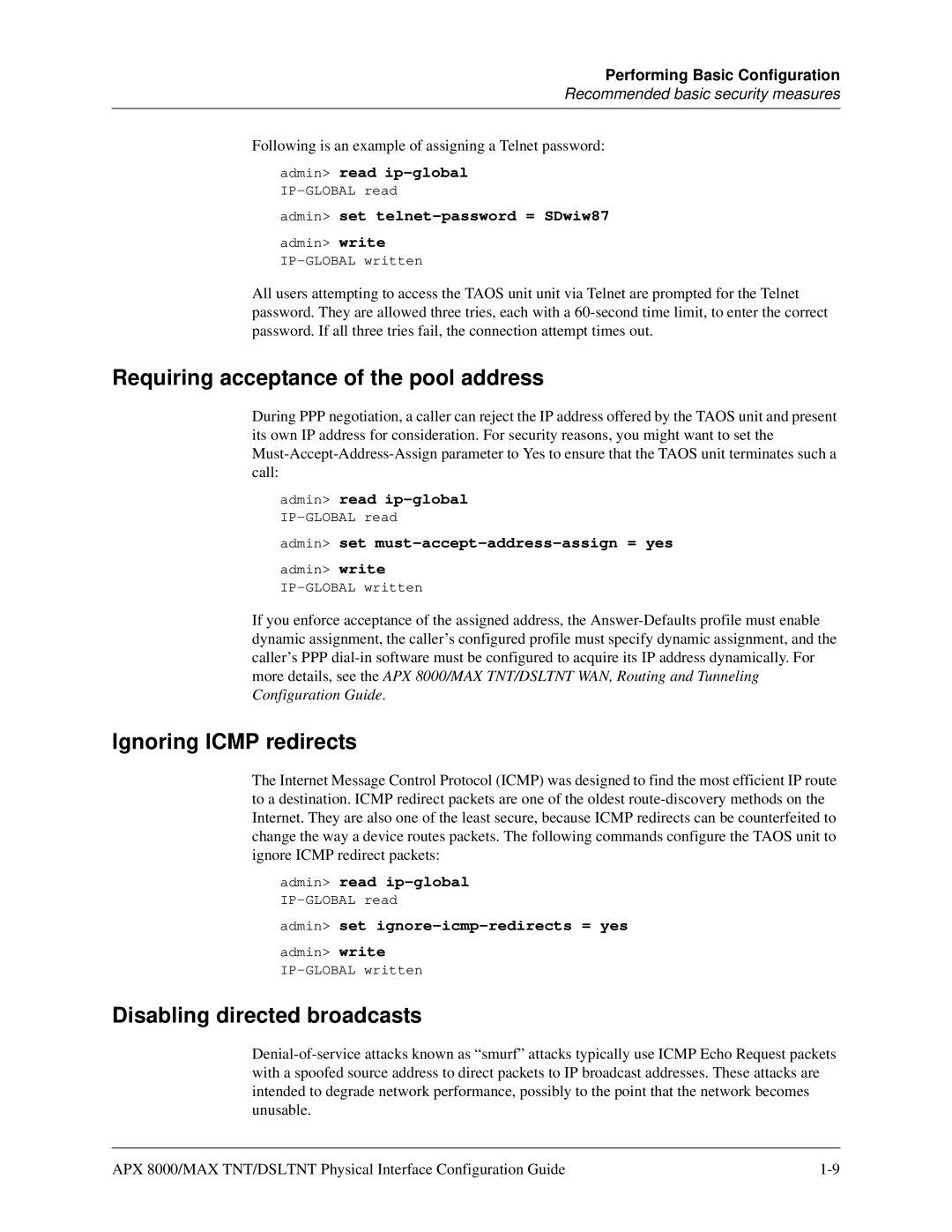 Lucent Technologies 7820-0802-003 manual Requiring acceptance of the pool address, Ignoring Icmp redirects 