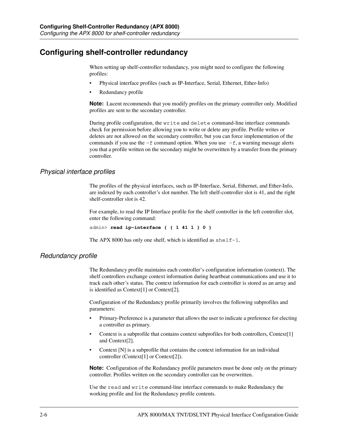 Lucent Technologies 7820-0802-003 Configuring shelf-controller redundancy, Physical interface profiles, Redundancy profile 