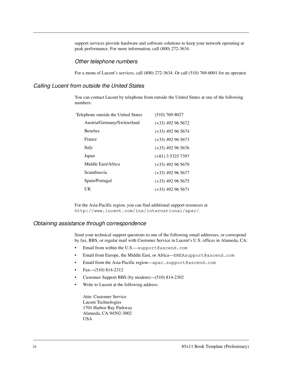 Lucent Technologies 7820-0802-003 manual Other telephone numbers, Calling Lucent from outside the United States 