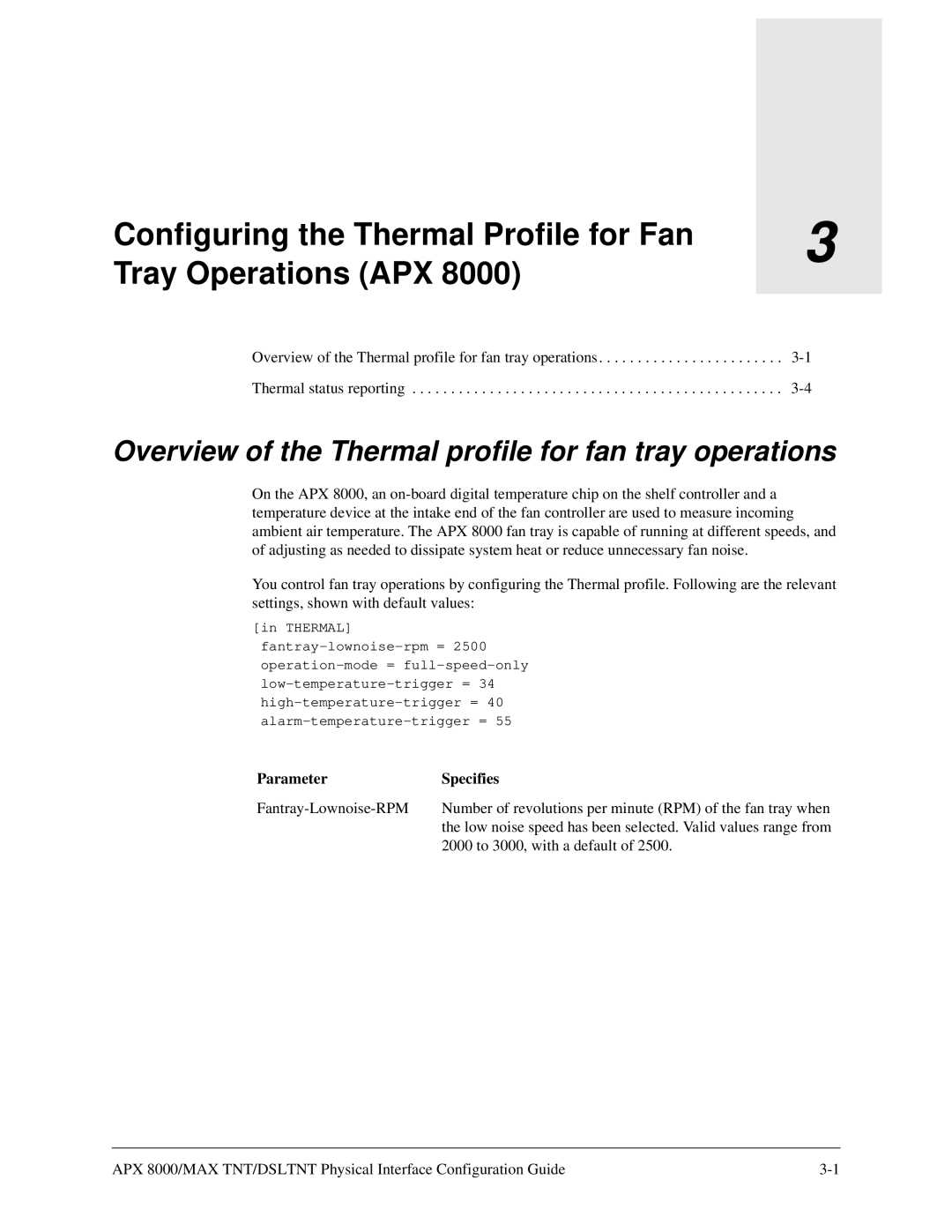 Lucent Technologies 7820-0802-003 manual Configuring the Thermal Profile for Fan Tray Operations APX, Parameter Specifies 