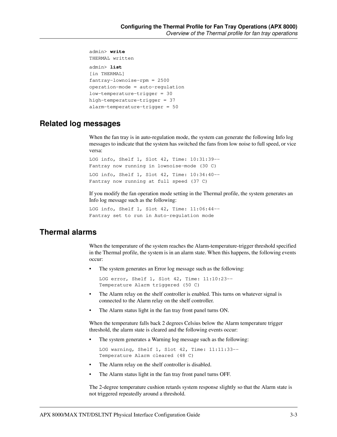 Lucent Technologies 7820-0802-003 manual Related log messages, Thermal alarms 