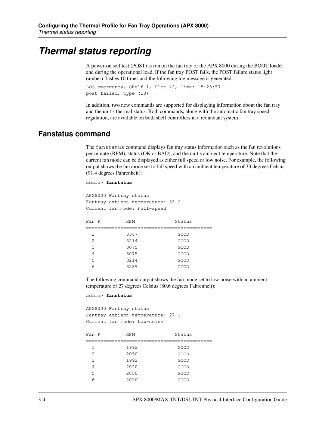 Lucent Technologies 7820-0802-003 manual Thermal status reporting, Fanstatus command 