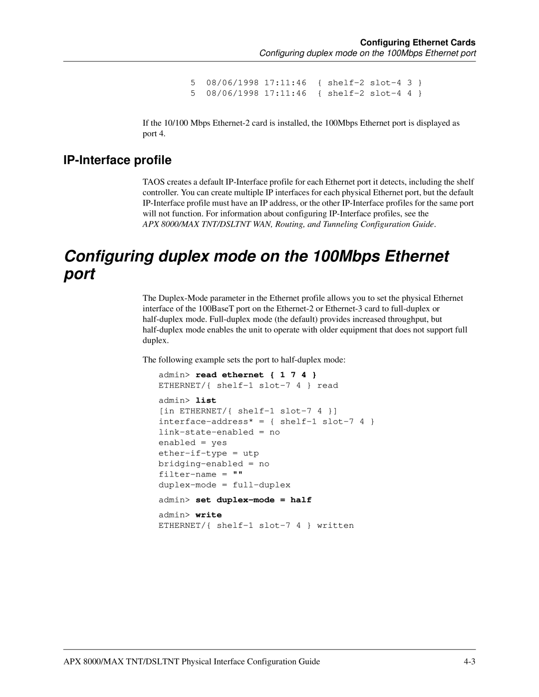 Lucent Technologies 7820-0802-003 manual Configuring duplex mode on the 100Mbps Ethernet port, IP-Interface profile 