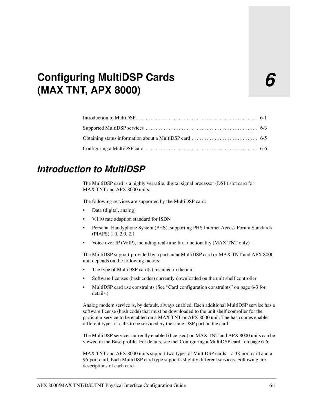 Lucent Technologies 7820-0802-003 manual Configuring MultiDSP Cards MAX TNT, APX, Introduction to MultiDSP 