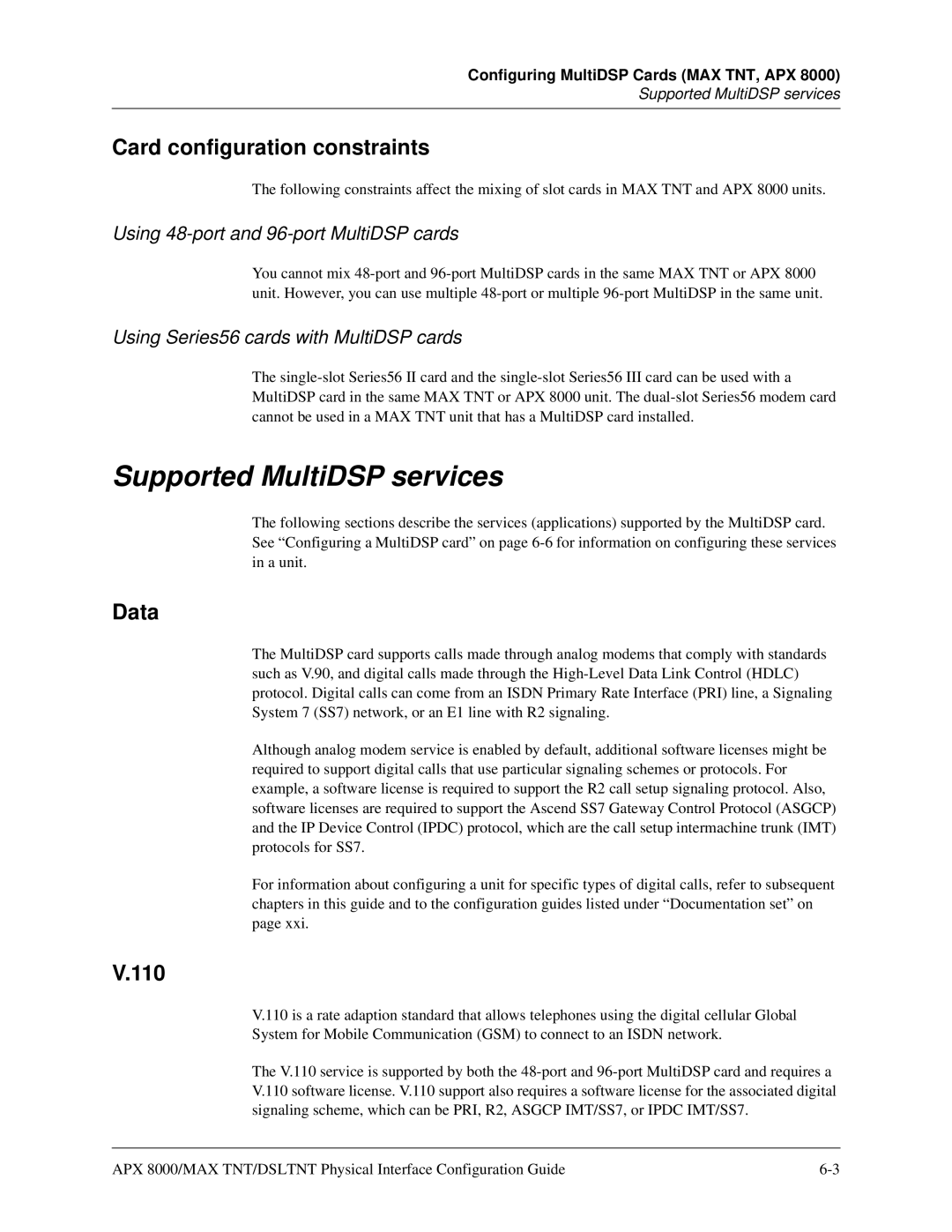 Lucent Technologies 7820-0802-003 manual Supported MultiDSP services, Card configuration constraints, Data, 110 