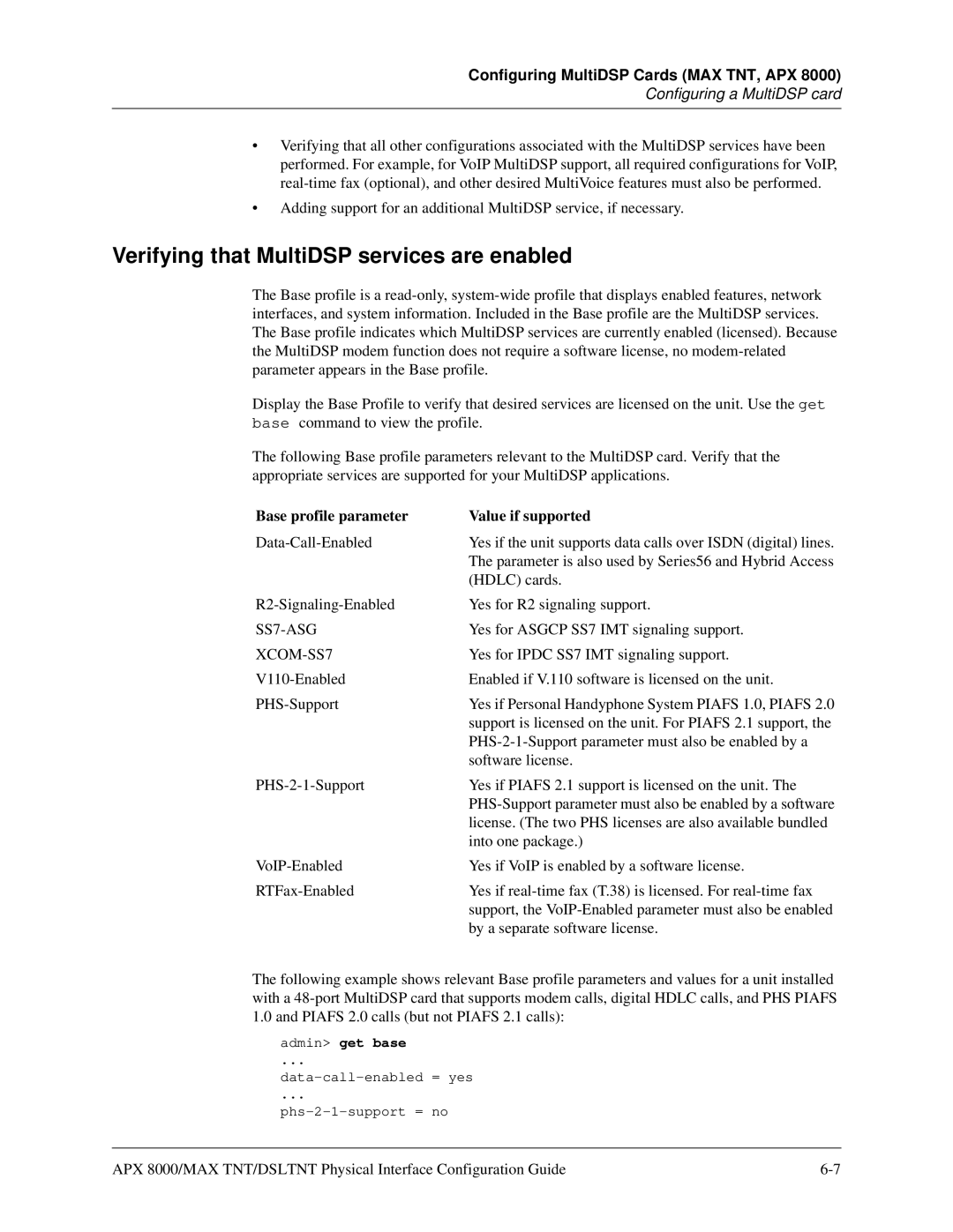 Lucent Technologies 7820-0802-003 Verifying that MultiDSP services are enabled, Base profile parameter Value if supported 