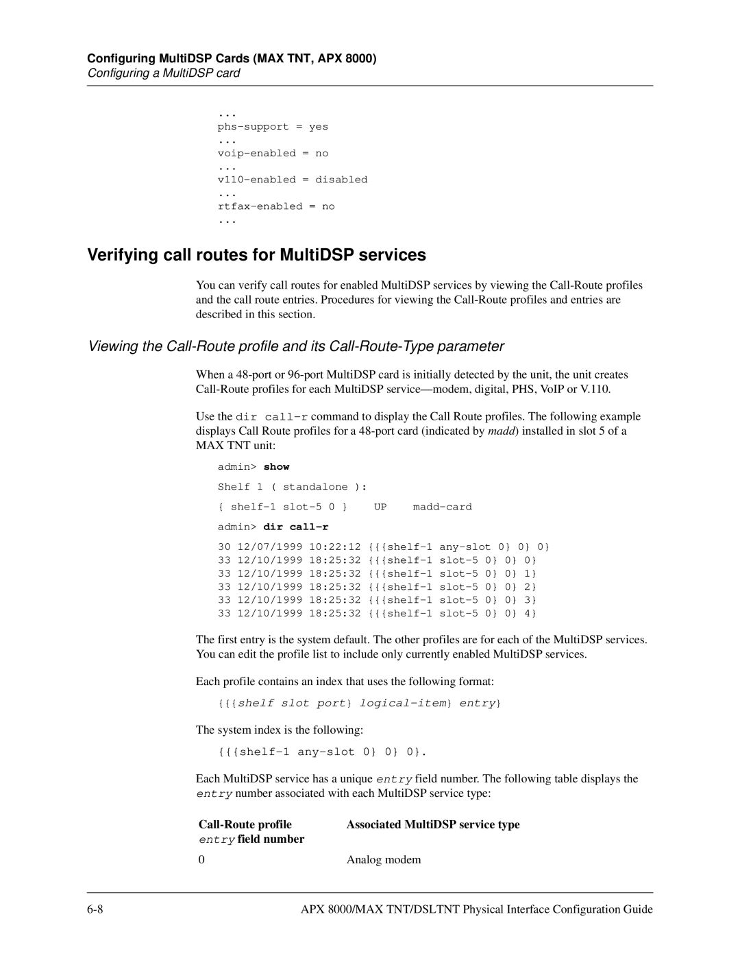 Lucent Technologies 7820-0802-003 manual Verifying call routes for MultiDSP services, Admin dir call-r 