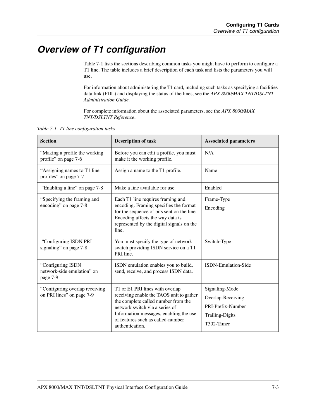 Lucent Technologies 7820-0802-003 manual Overview of T1 configuration, Section Description of task Associated parameters 