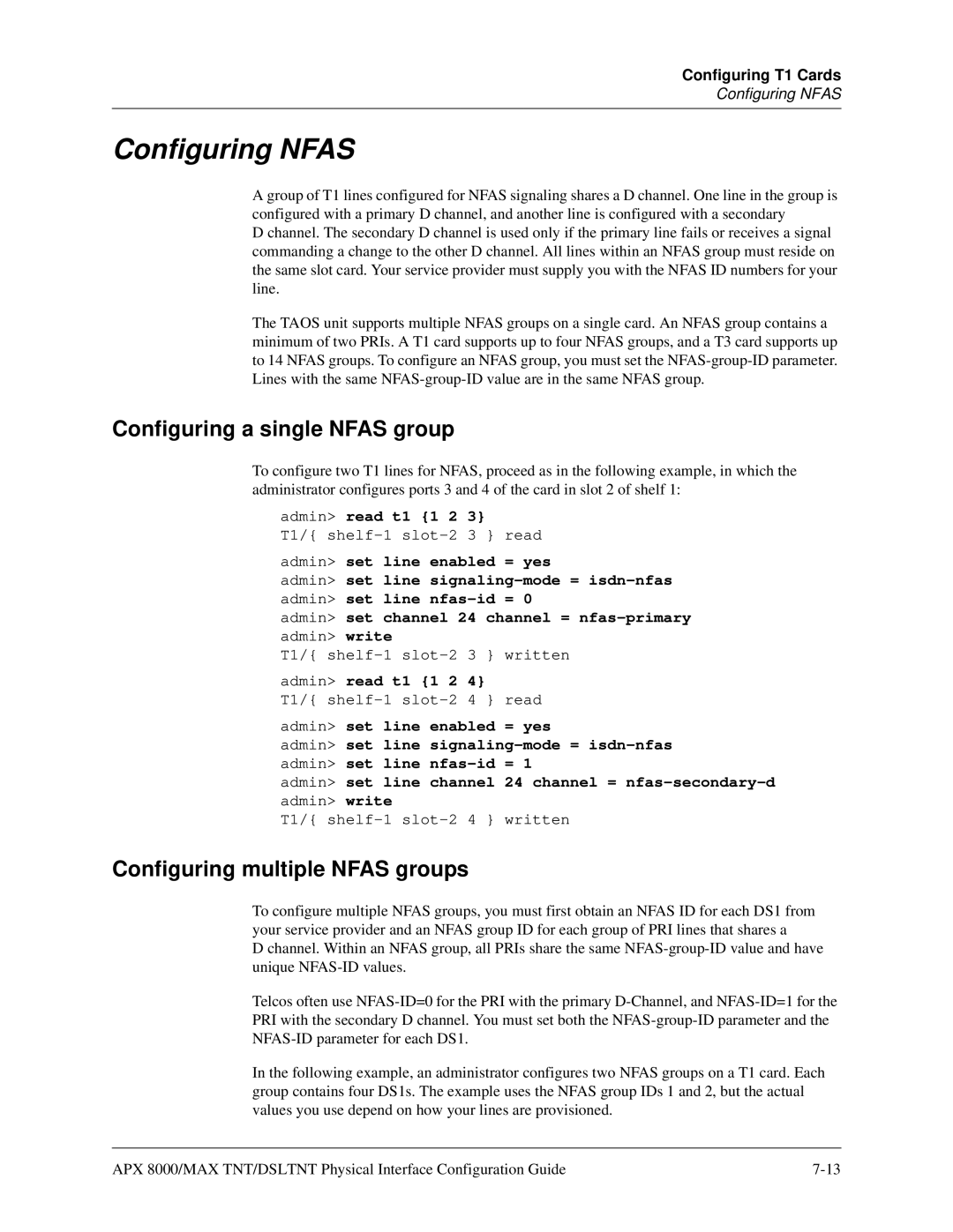 Lucent Technologies 7820-0802-003 Configuring Nfas, Configuring a single Nfas group, Configuring multiple Nfas groups 