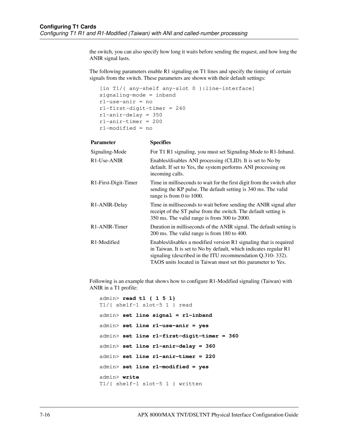 Lucent Technologies 7820-0802-003 manual Parameter Specifies, Admin read t1 1 5 