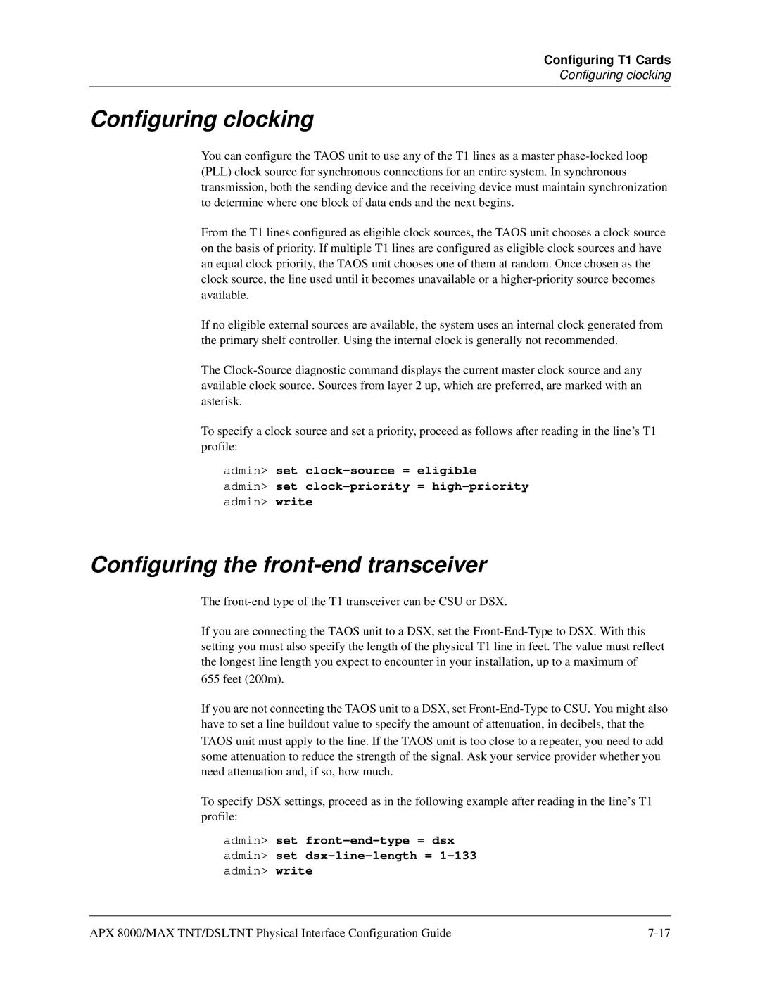 Lucent Technologies 7820-0802-003 manual Configuring clocking, Configuring the front-end transceiver 