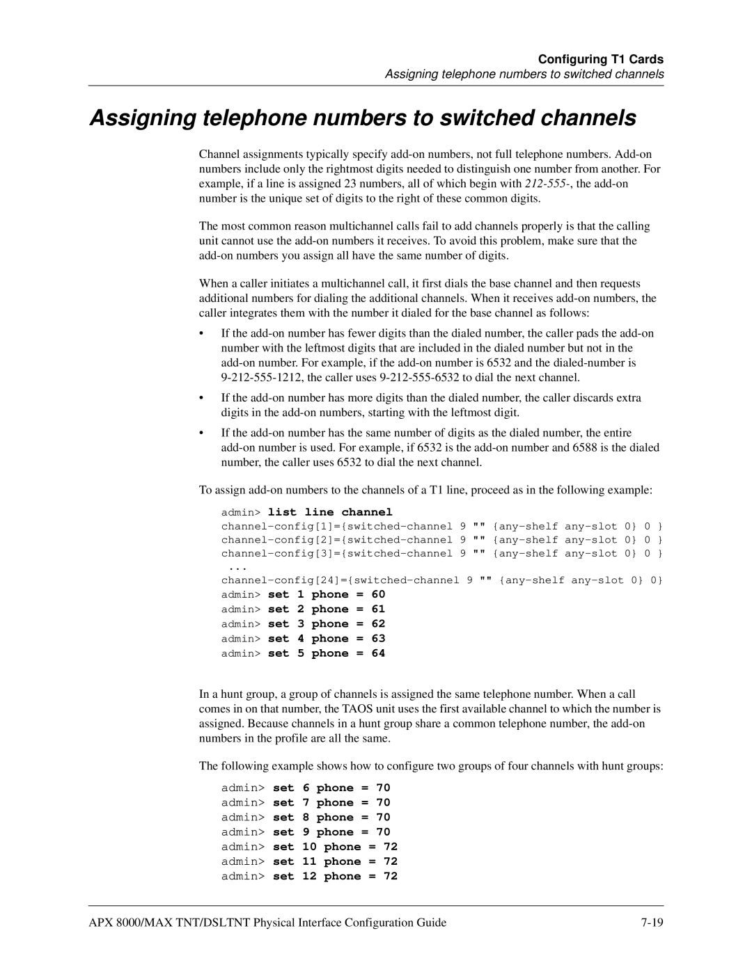 Lucent Technologies 7820-0802-003 manual Assigning telephone numbers to switched channels, Admin list line channel 