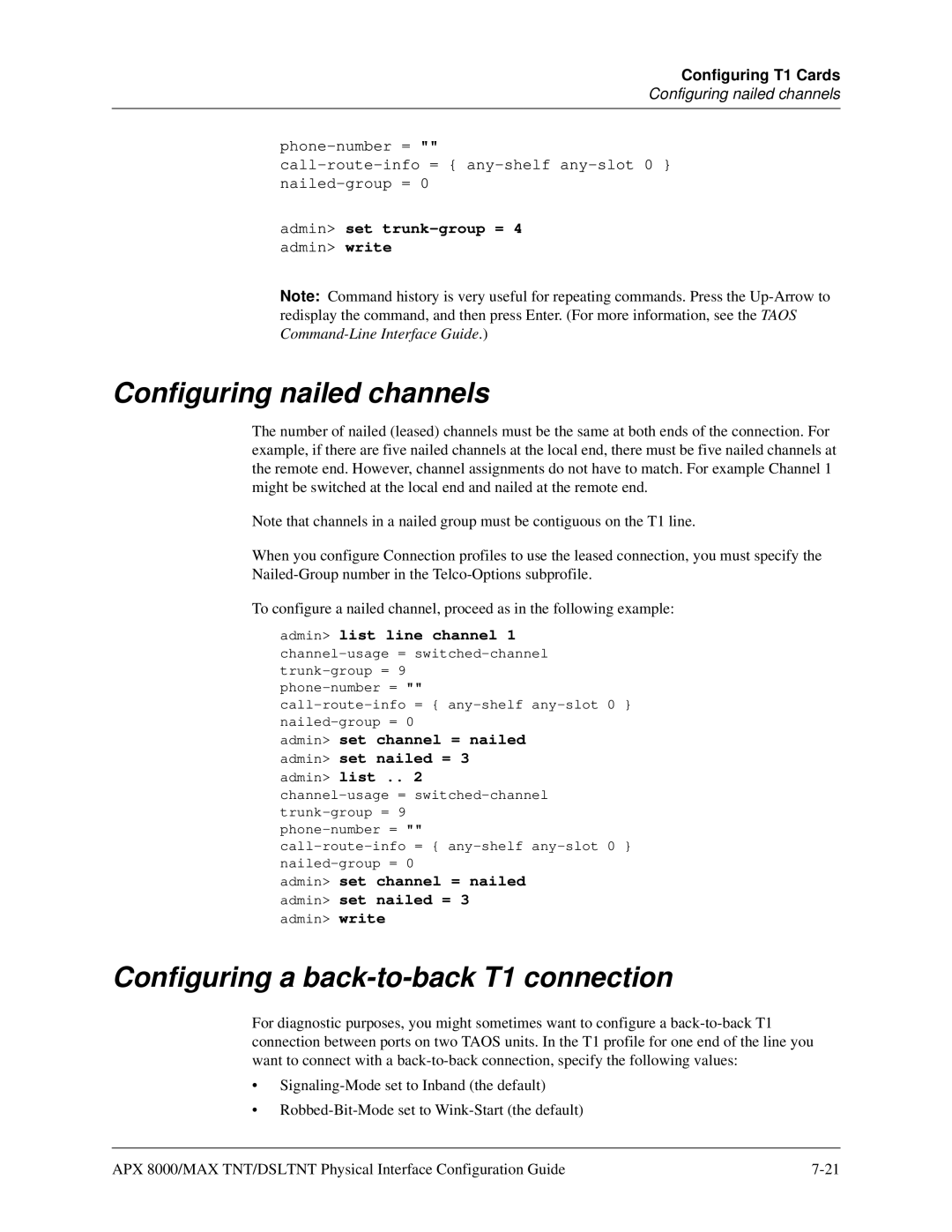 Lucent Technologies 7820-0802-003 manual Configuring nailed channels, Configuring a back-to-back T1 connection 