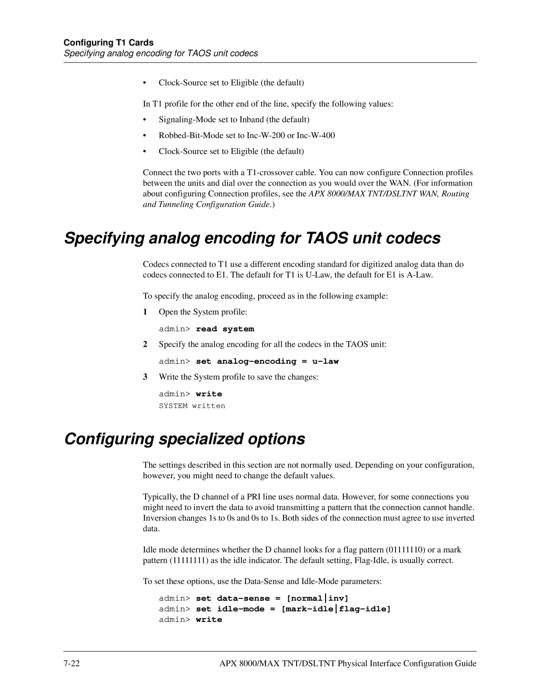 Lucent Technologies 7820-0802-003 manual Specifying analog encoding for Taos unit codecs, Configuring specialized options 