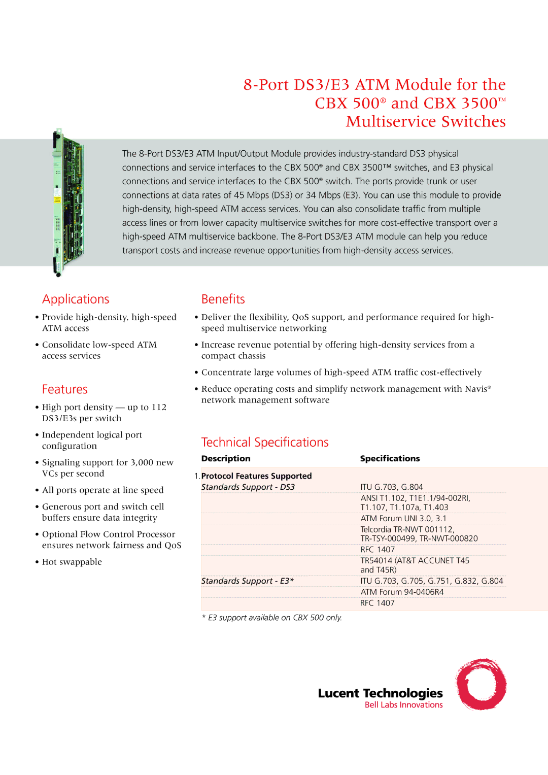 Lucent Technologies 8-Port DS3/E3 technical specifications Applications, Features, Benefits, Technical Specifications 