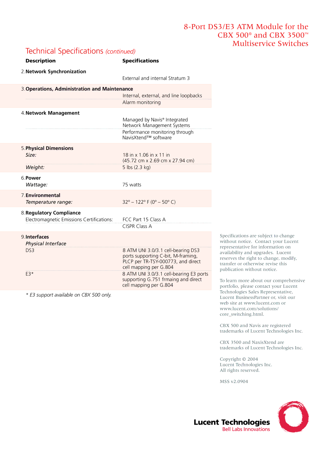 Lucent Technologies 8-Port DS3/E3 Description Specifications Network Synchronization, Network Management, Power 